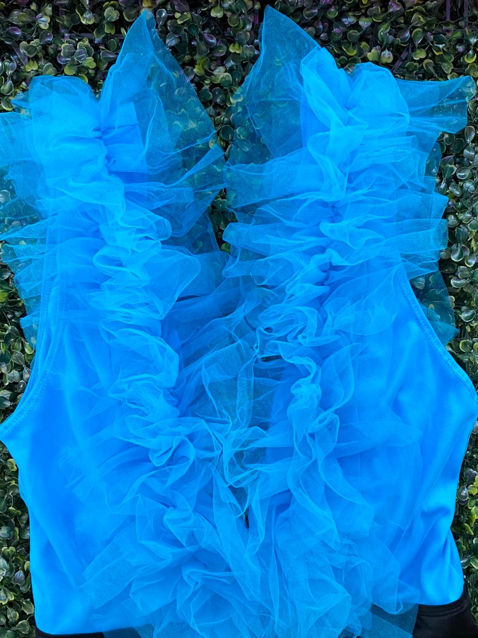 Blue Ruffle Plunge Bodysuit