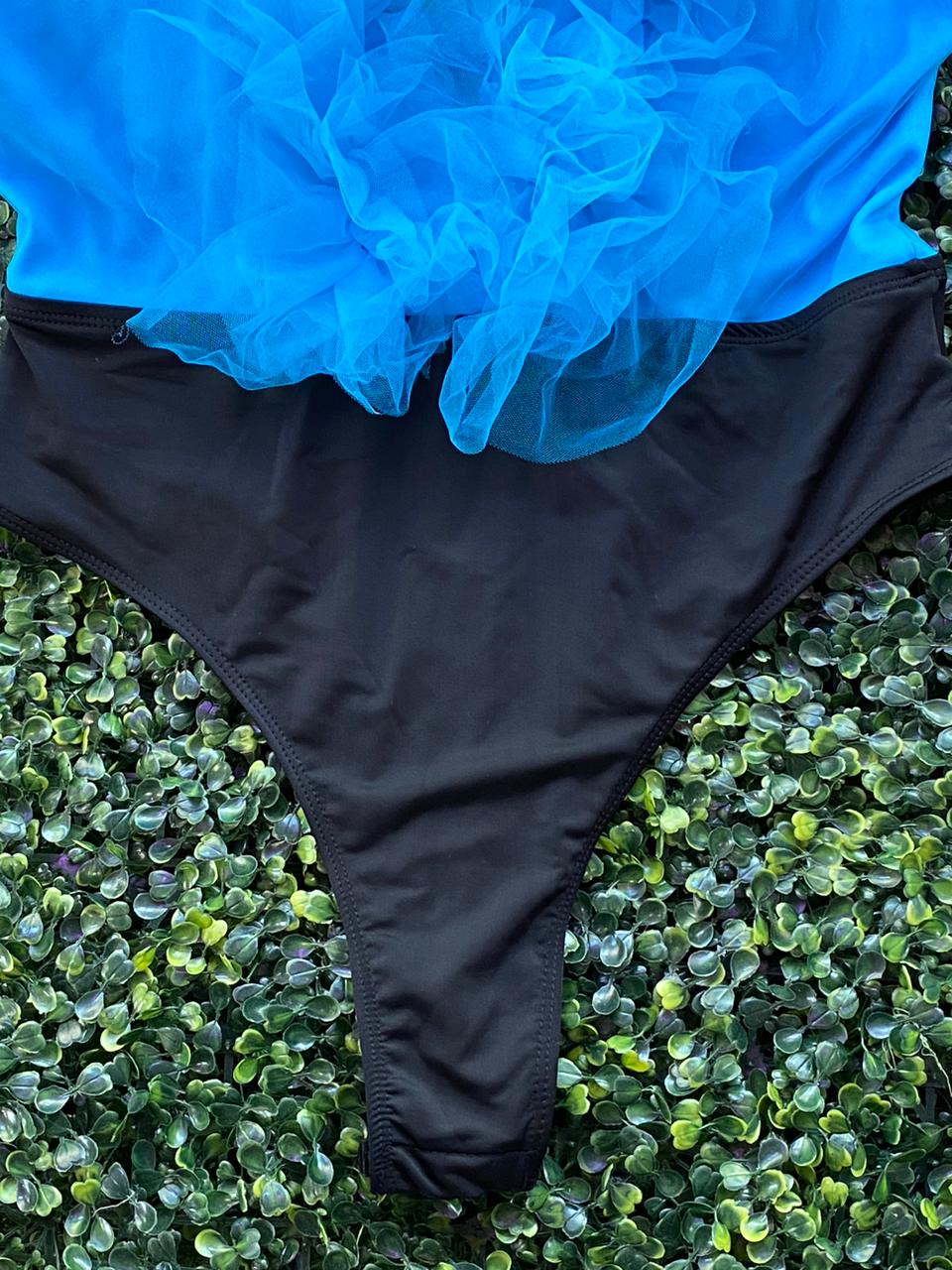 Blue Ruffle Plunge Bodysuit