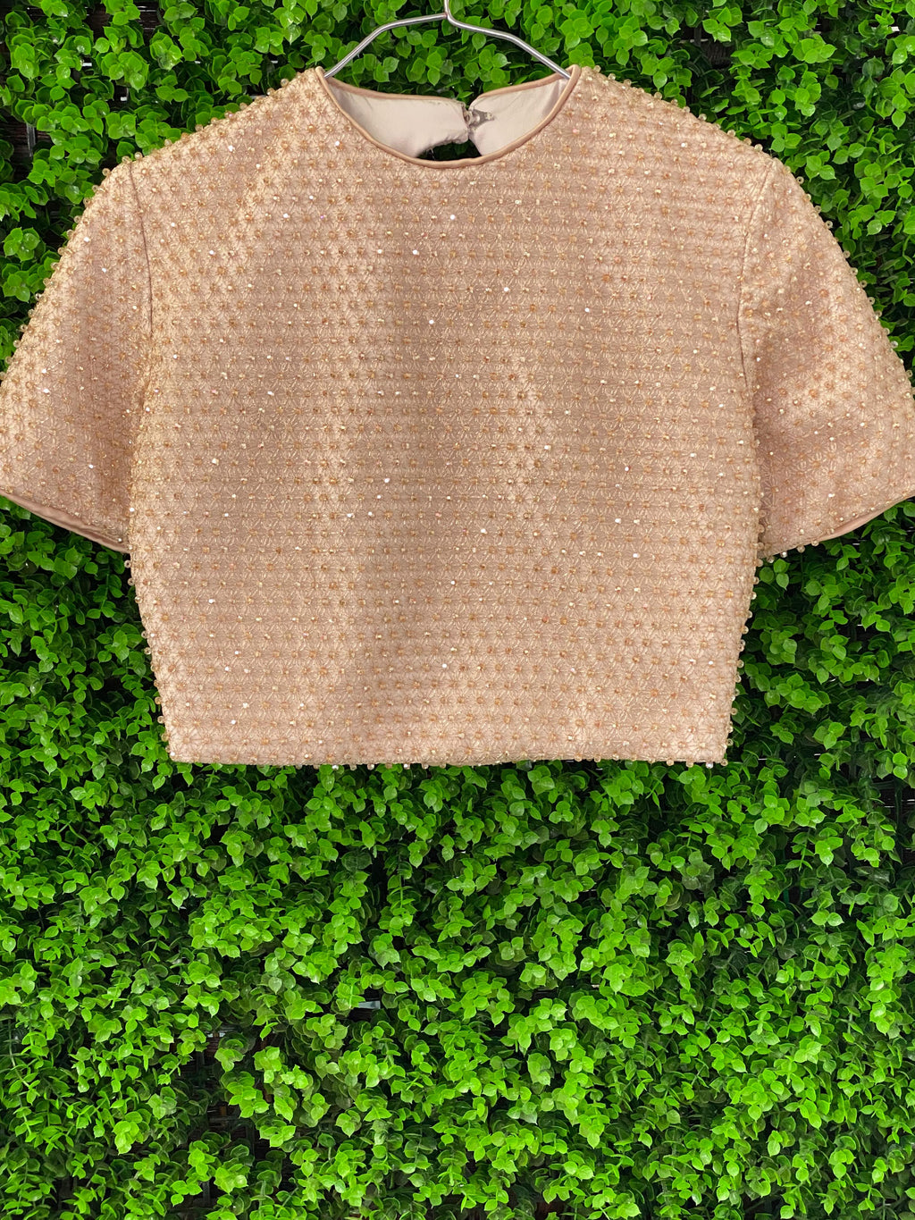 Champagne Beaded Floral Crop Blouse