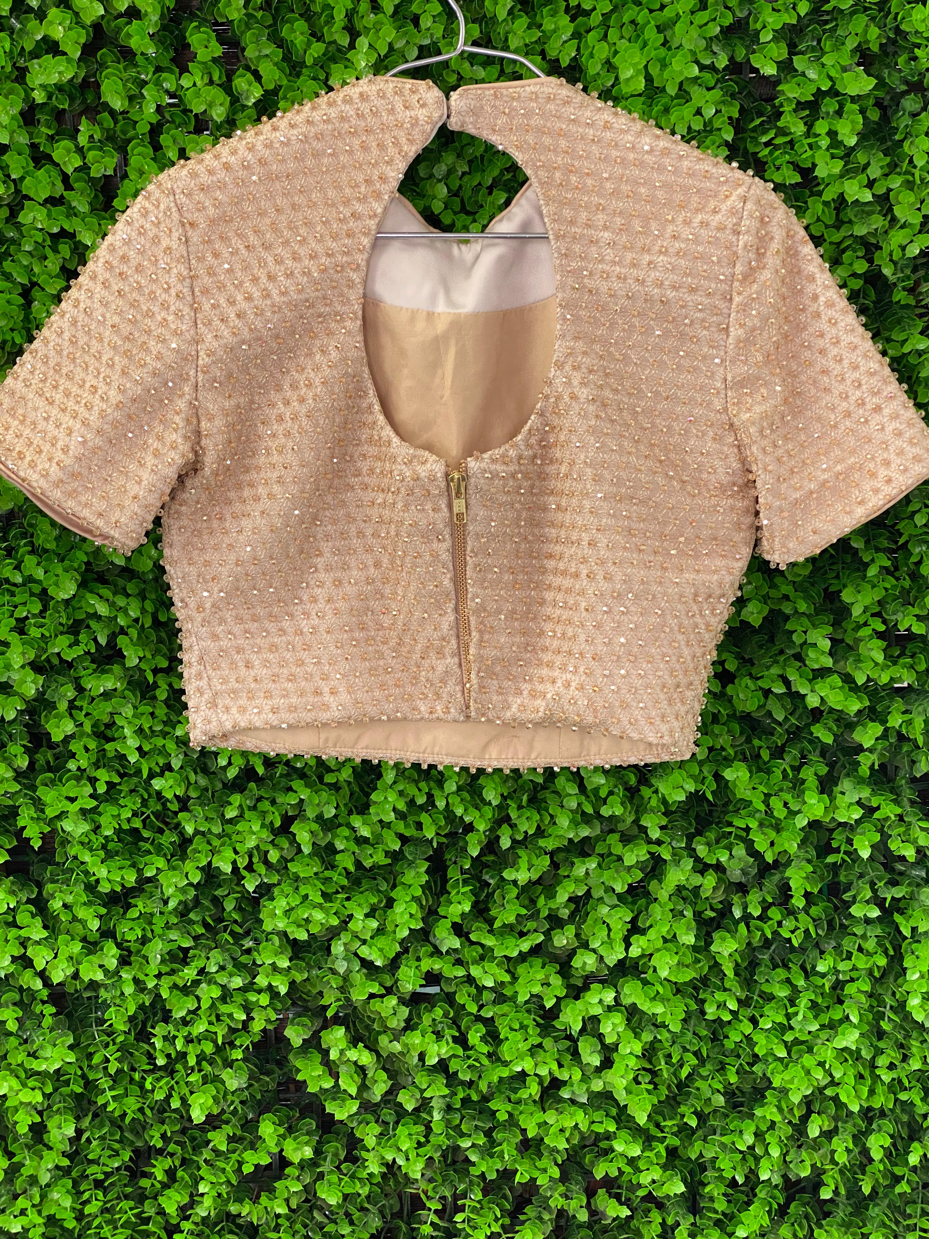 Champagne Beaded Floral Crop Blouse