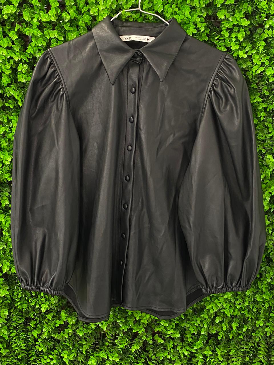 Zara Black Faux Leather Puff Sleeve Shacket