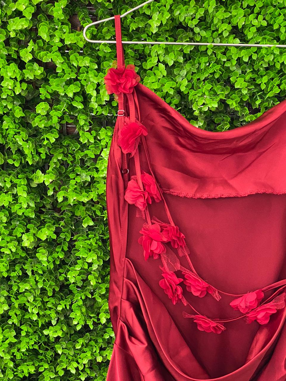 Red Satin Floral Back Maxi Dress