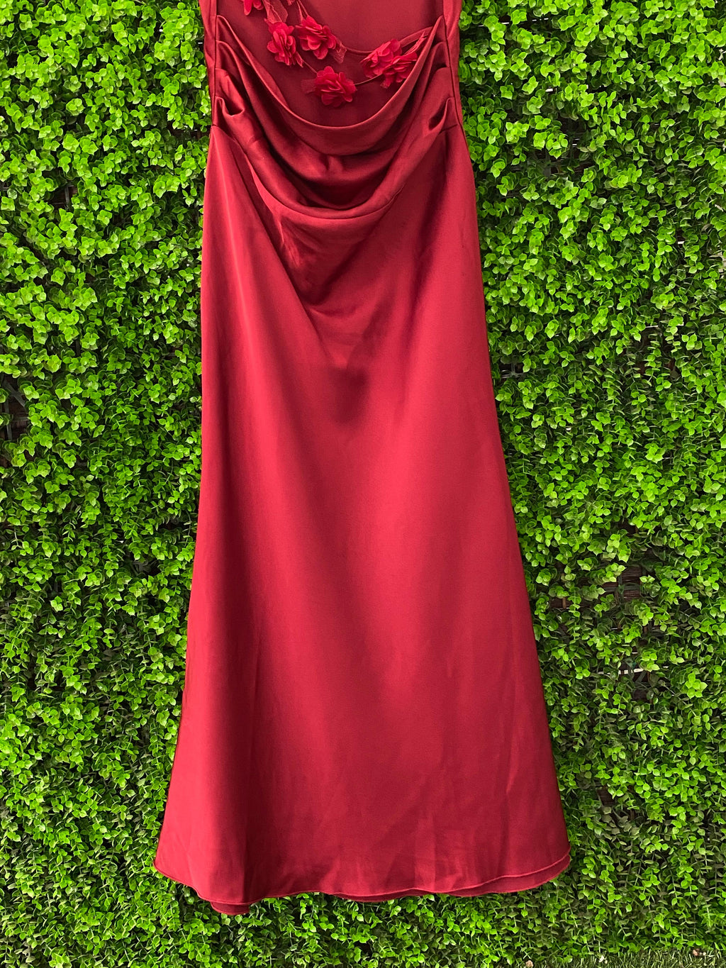 Red Satin Floral Back Maxi Dress