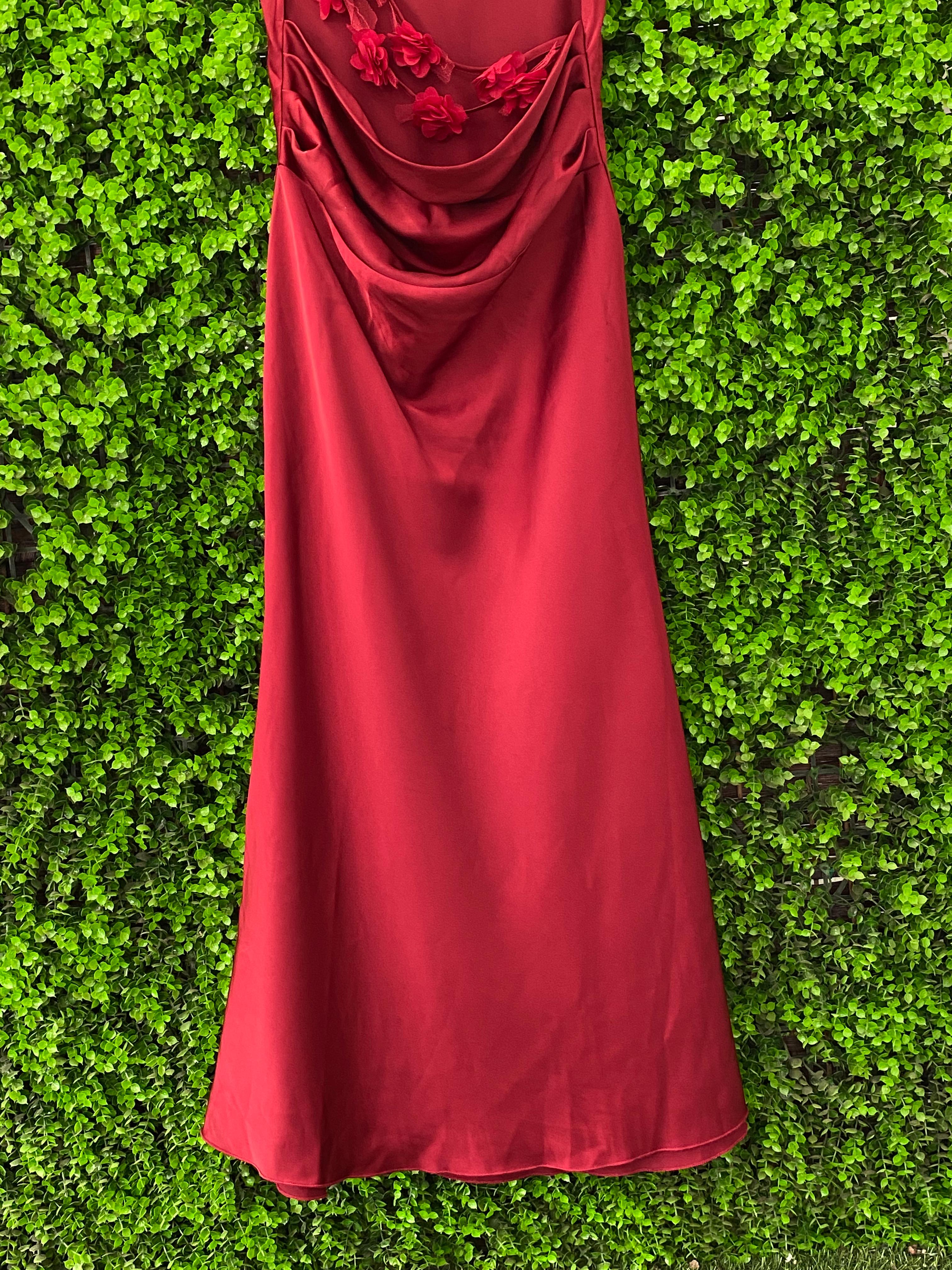 Red Satin Floral Back Maxi Dress