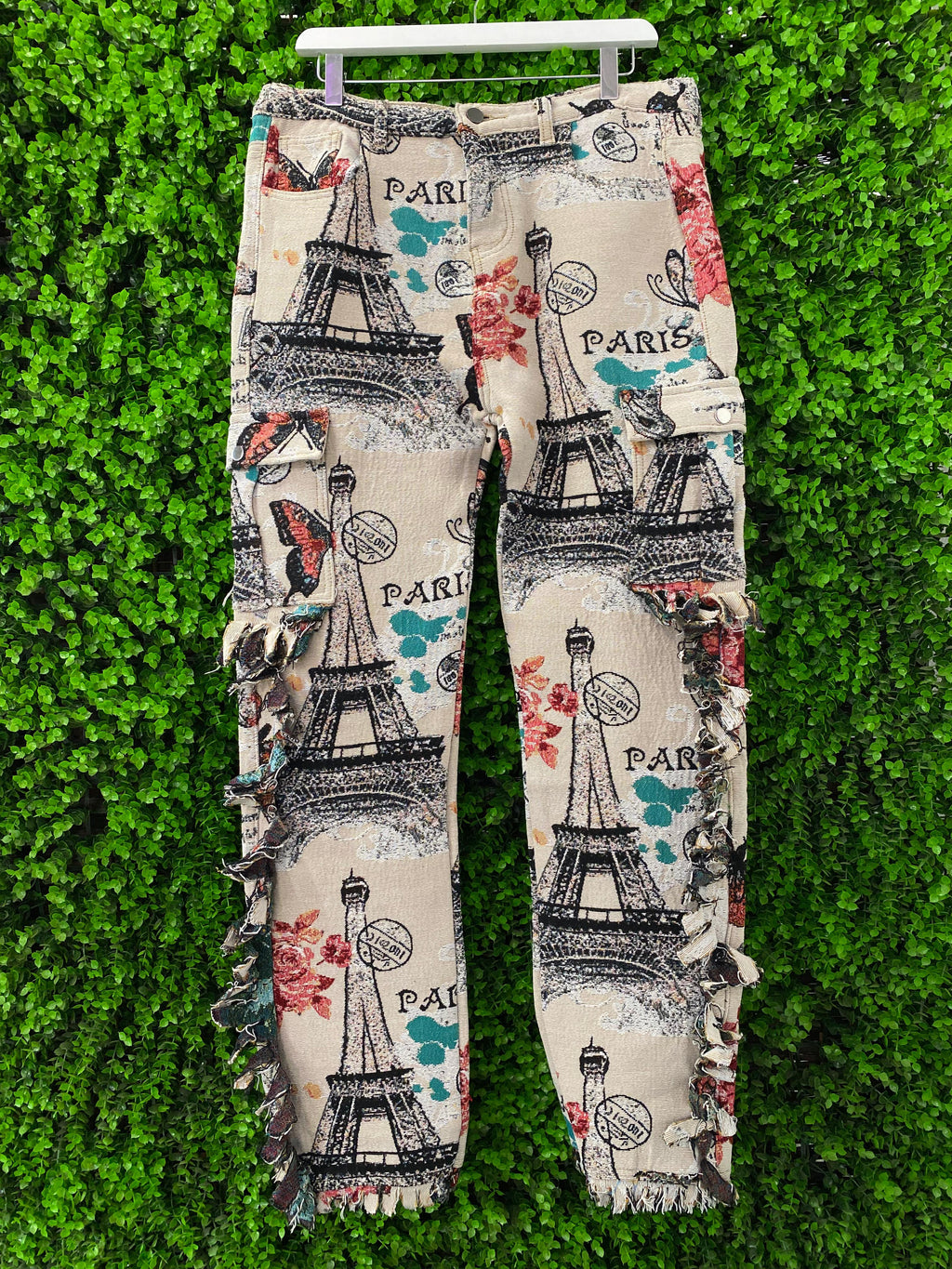 Paris Print Frayed Detail Statement Pants