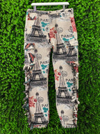 Paris Print Frayed Detail Statement Pants