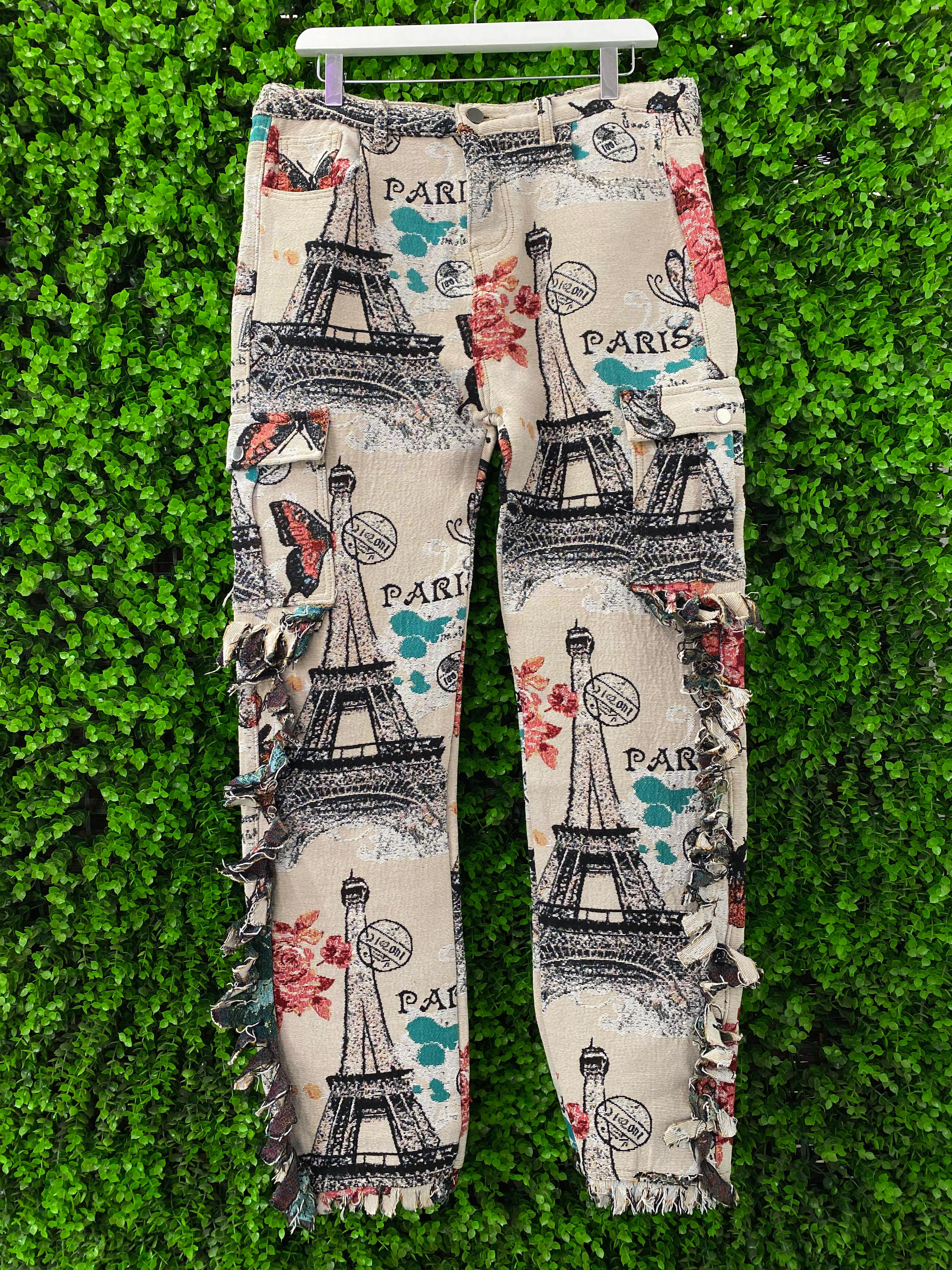 Paris Print Frayed Detail Statement Pants