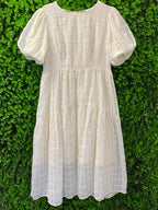 MM Studio Cream Embroidered Puff Sleeve Midi Dress
