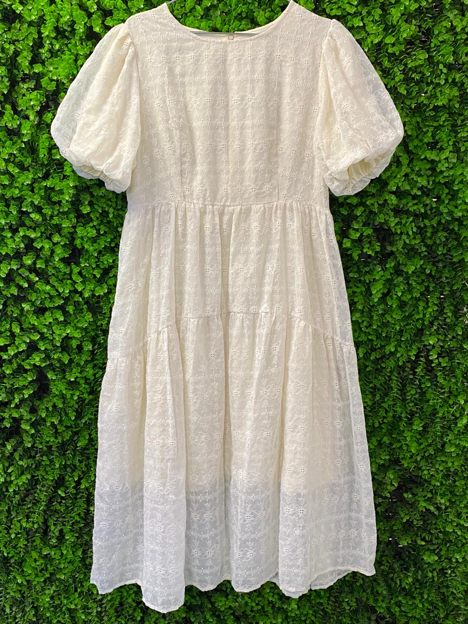 MM Studio Cream Embroidered Puff Sleeve Midi Dress