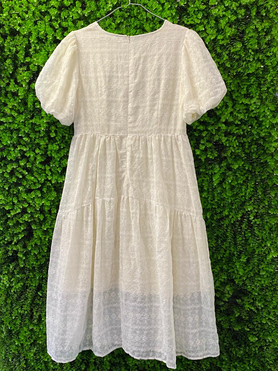 MM Studio Cream Embroidered Puff Sleeve Midi Dress