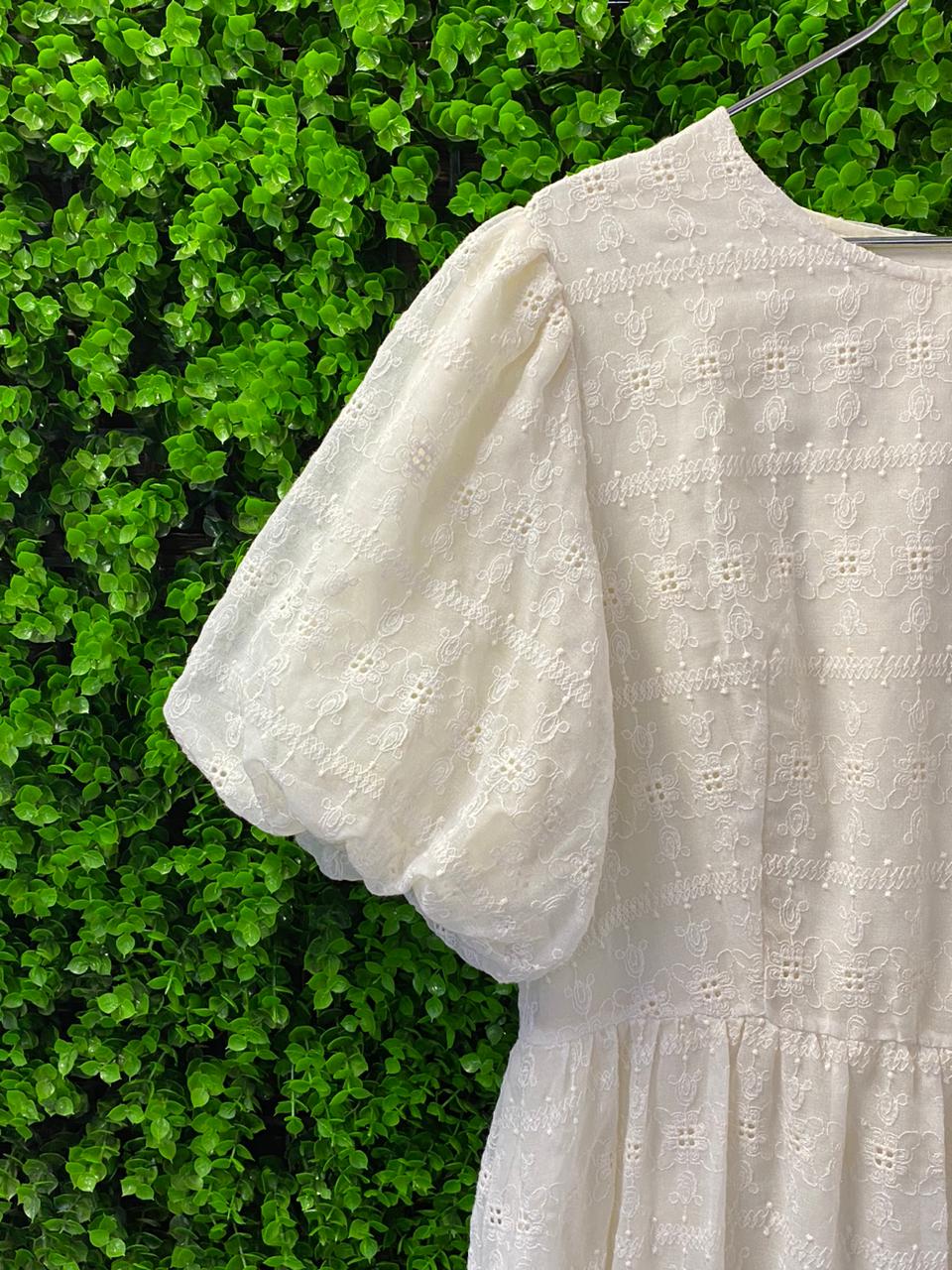 MM Studio Cream Embroidered Puff Sleeve Midi Dress