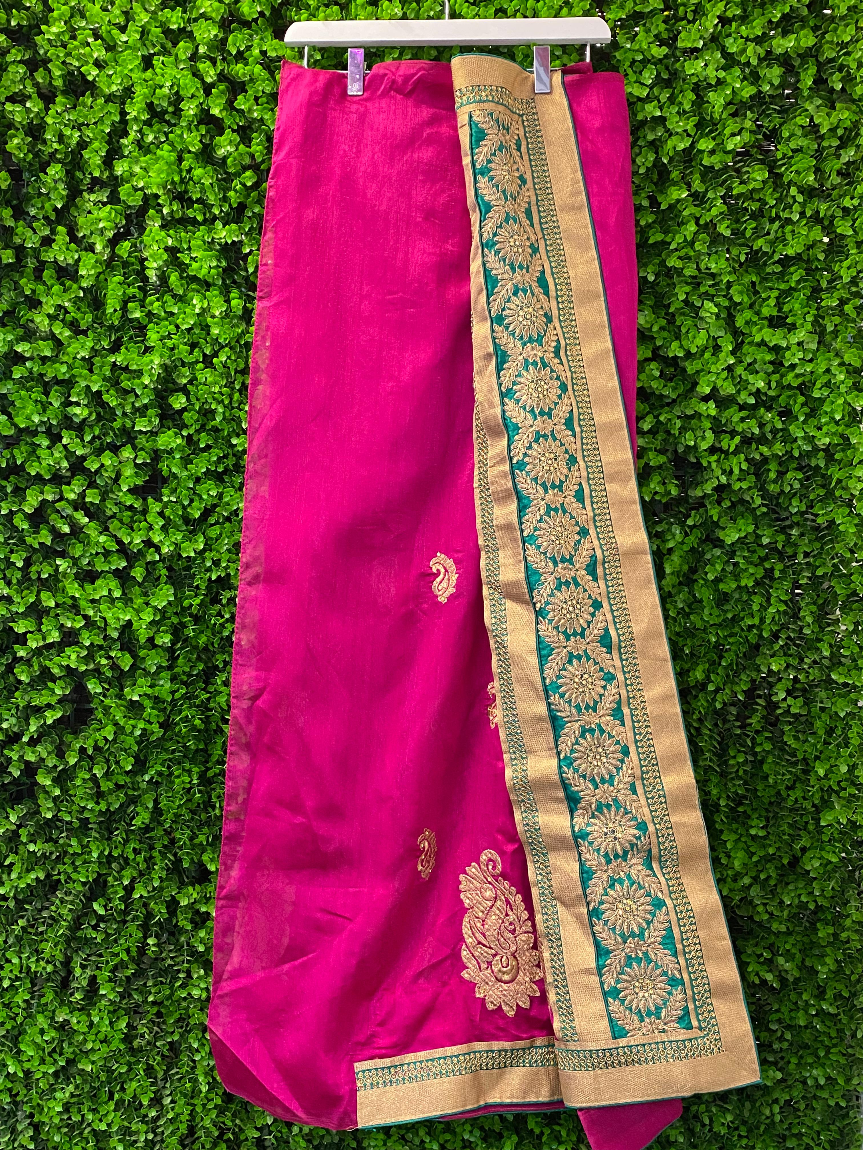 Magenta & Emerald Green Embellished Sari Set