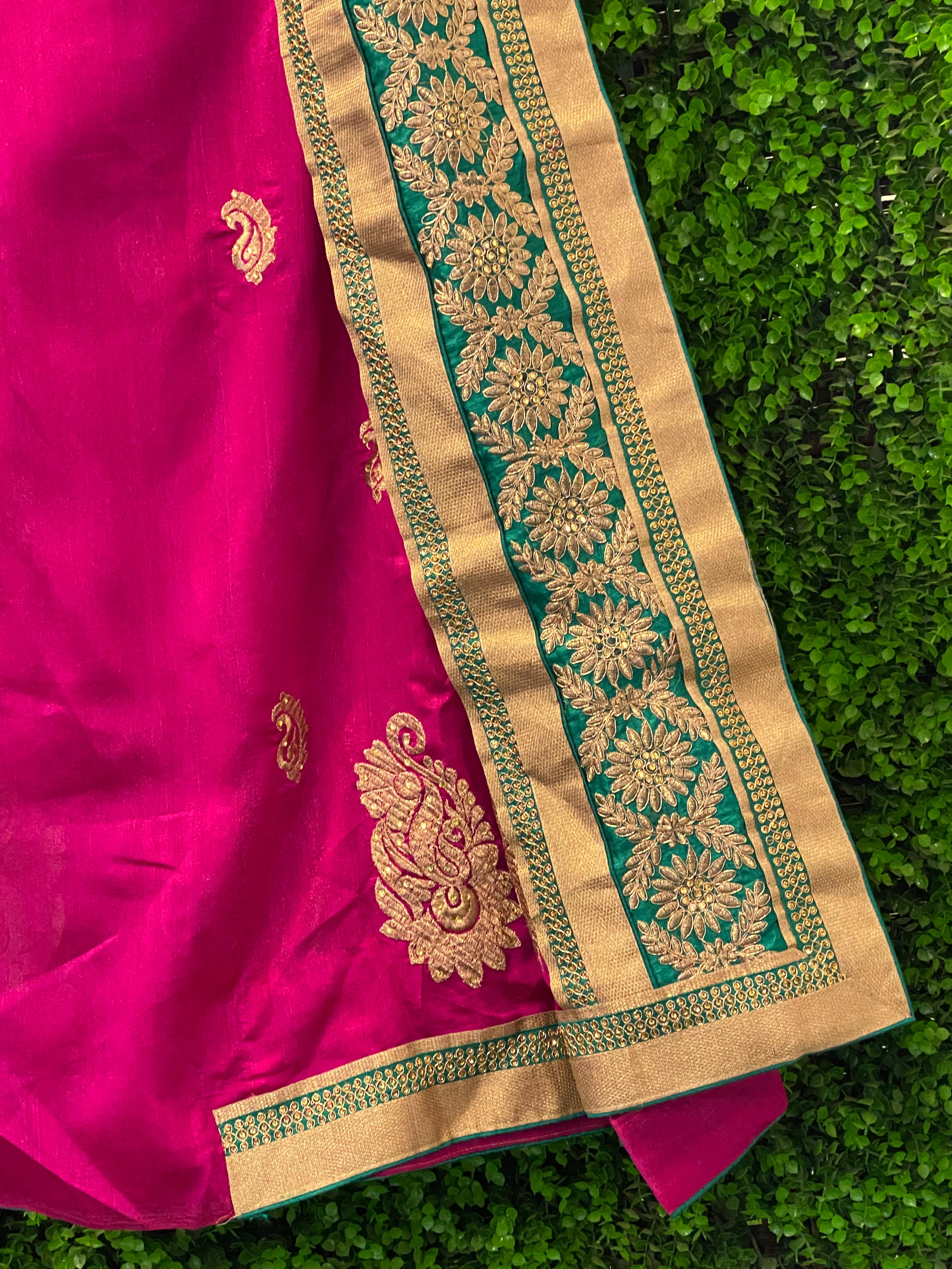 Magenta & Emerald Green Embellished Sari Set