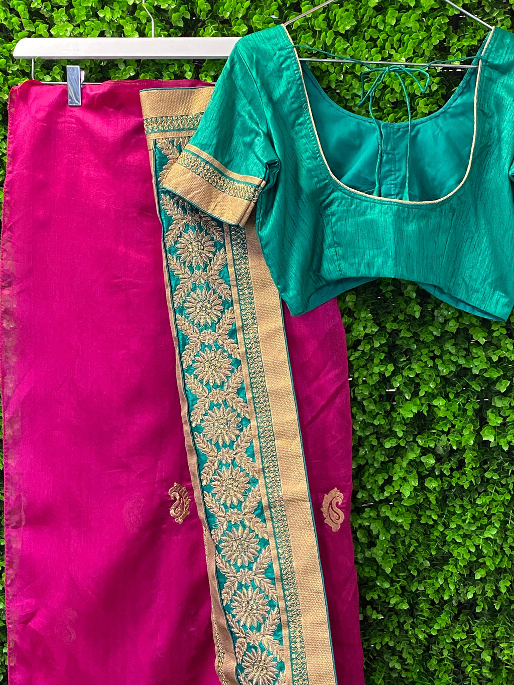 Magenta & Emerald Green Embellished Sari Set