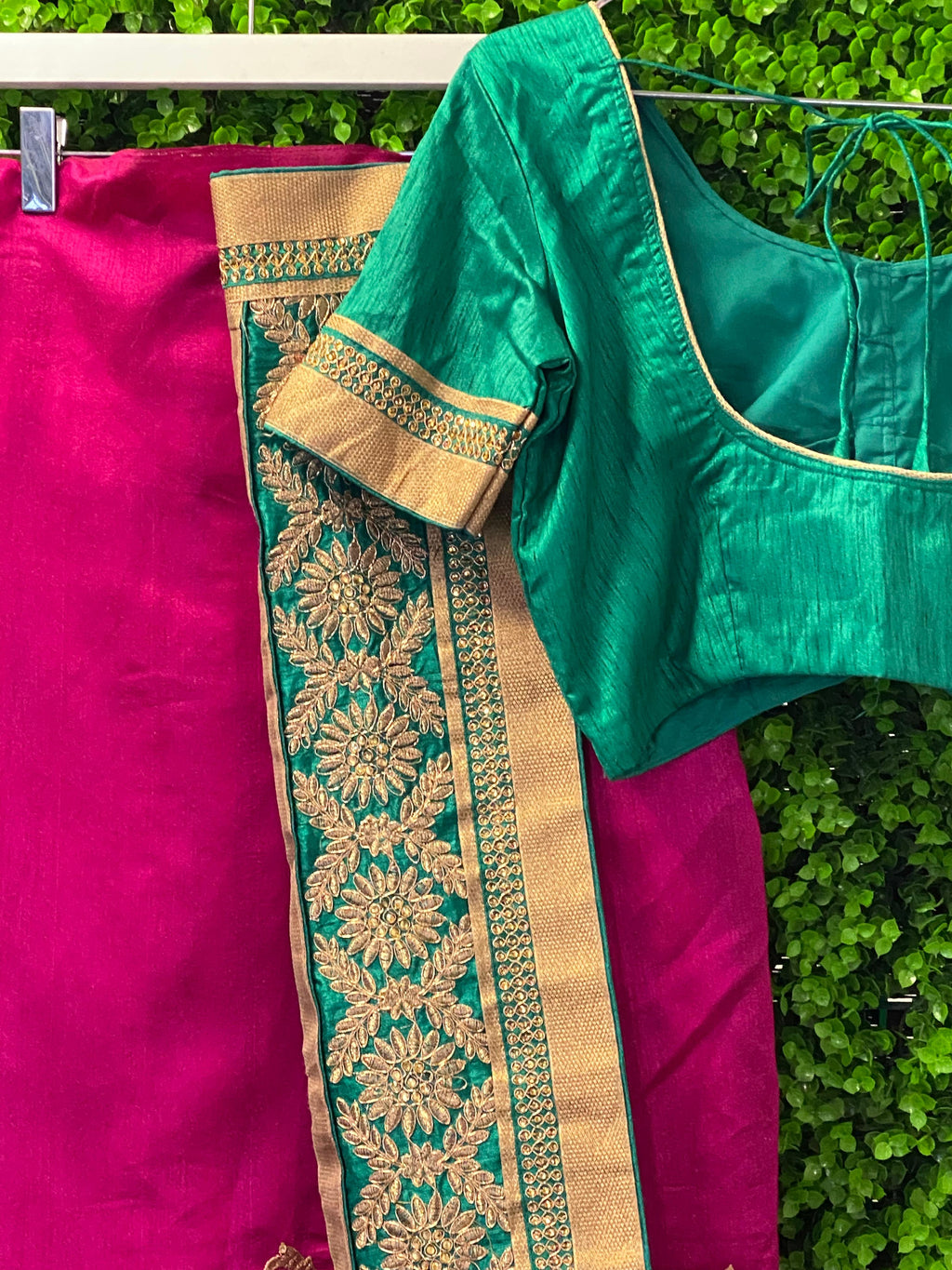 Magenta & Emerald Green Embellished Sari Set