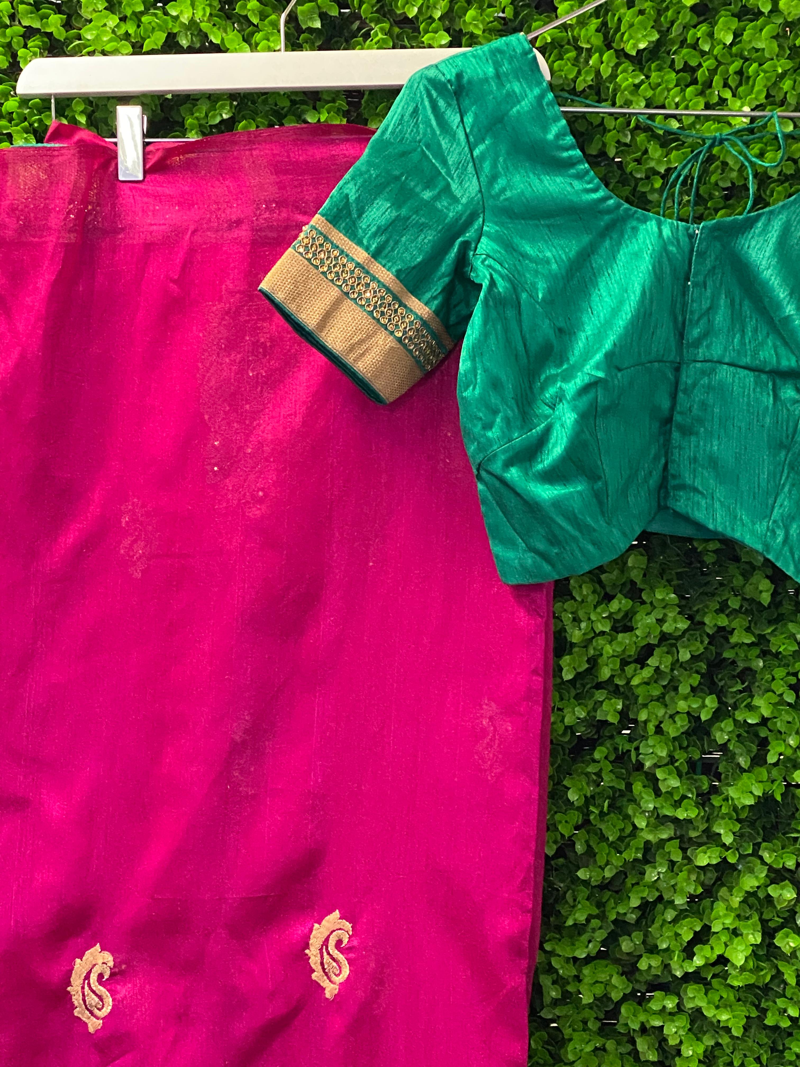 Magenta & Emerald Green Embellished Sari Set