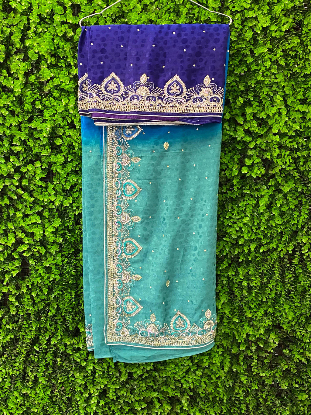 Teal & Blue Embellished Sari Set