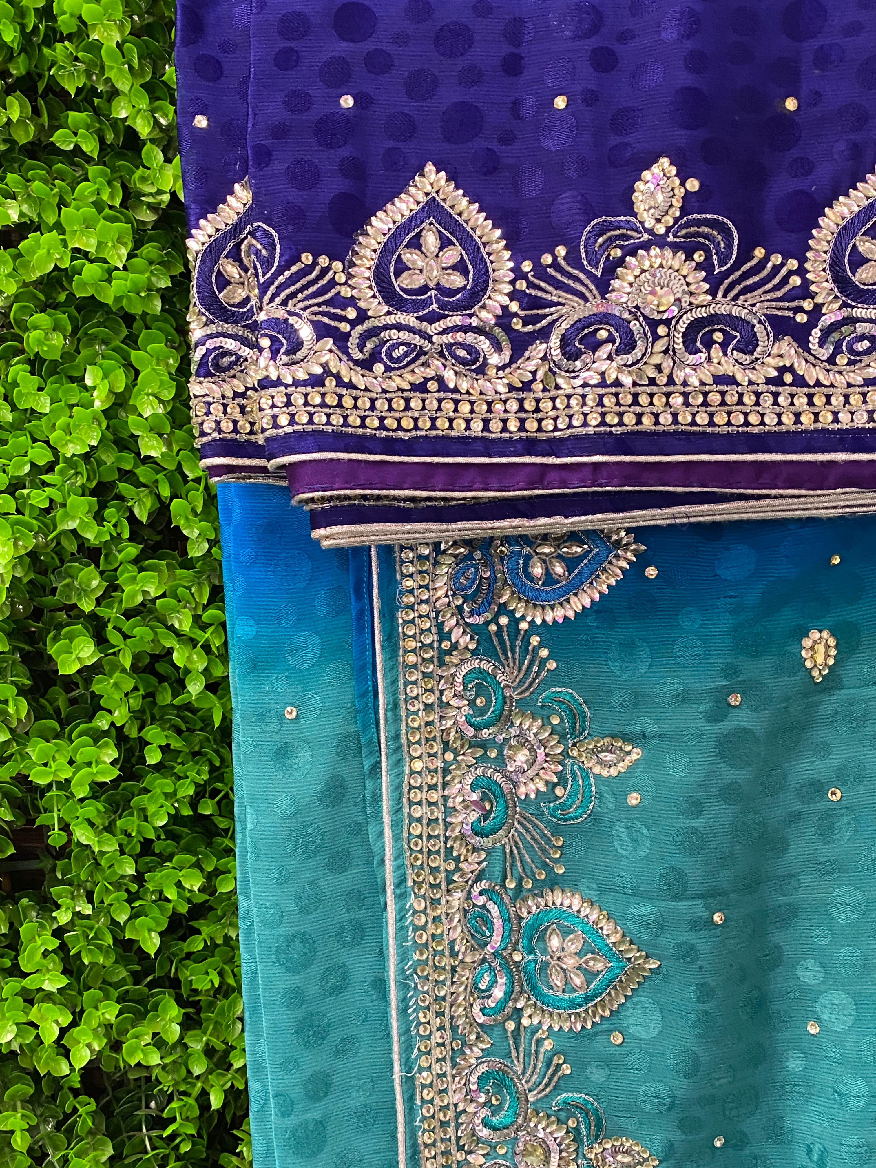 Teal & Blue Embellished Sari Set