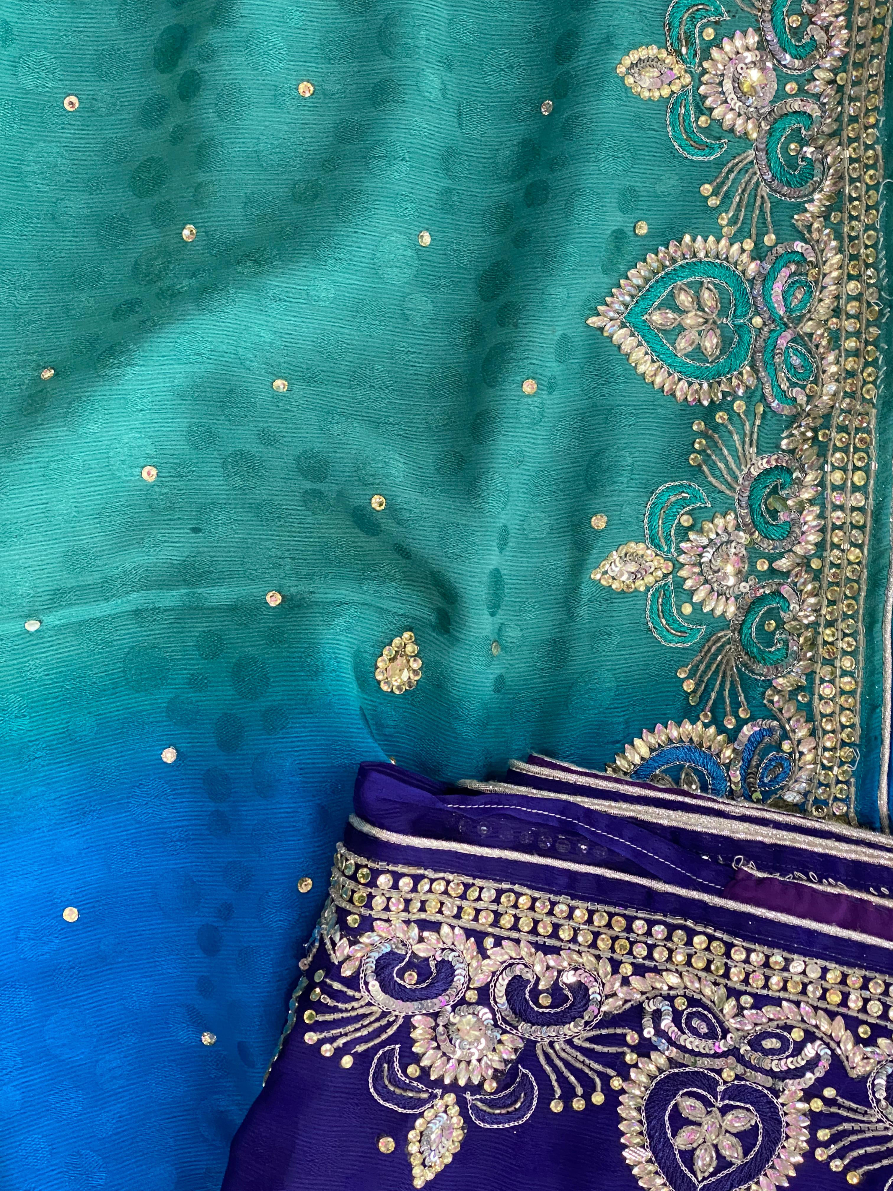 Teal & Blue Embellished Sari Set