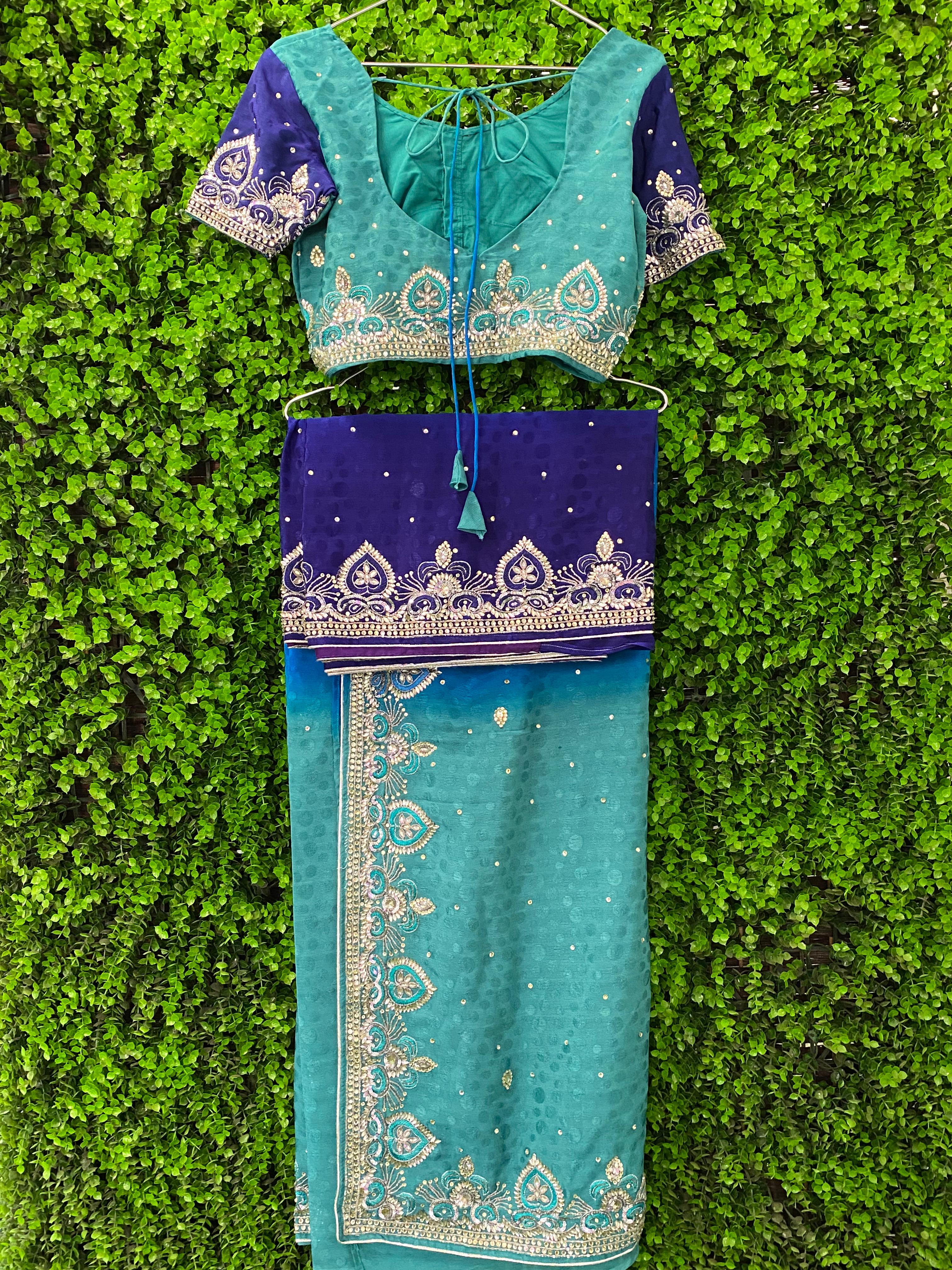 Teal & Blue Embellished Sari Set