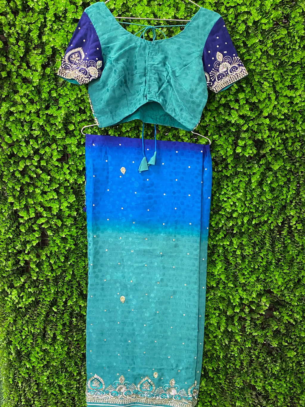 Teal & Blue Embellished Sari Set