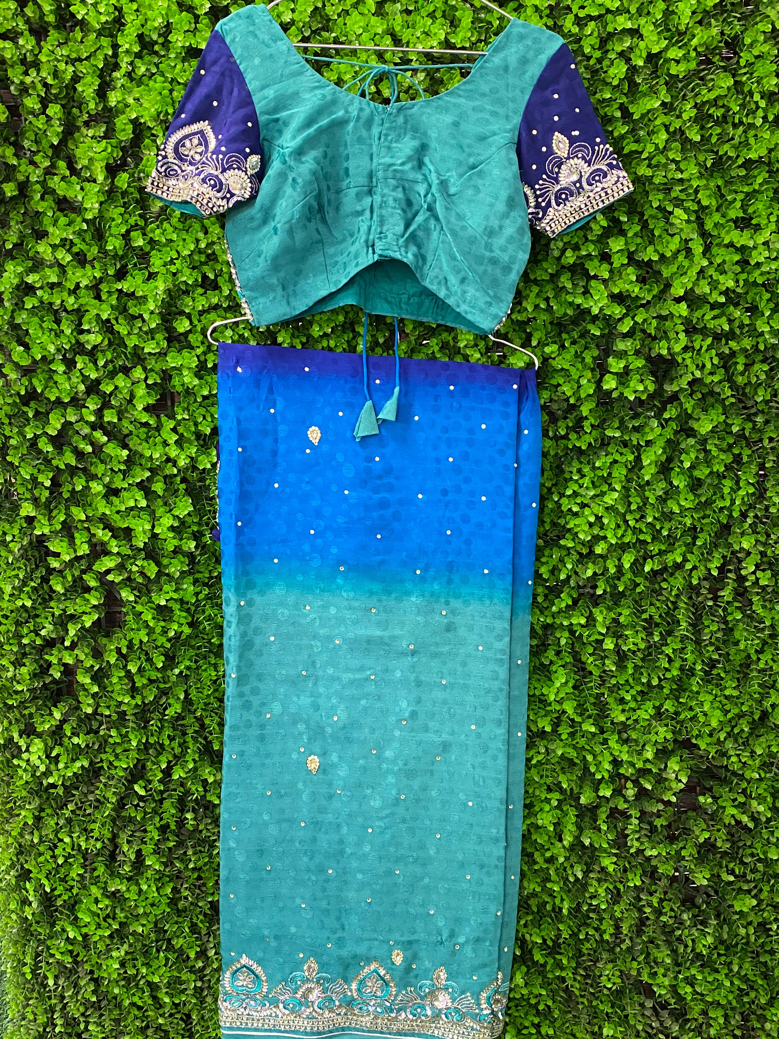 Teal & Blue Embellished Sari Set