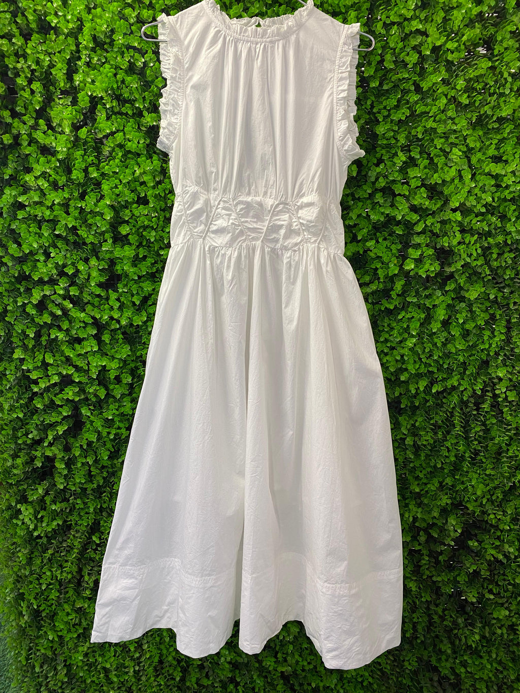 White Ruffle Zip-Front Midi Dress with Pockets