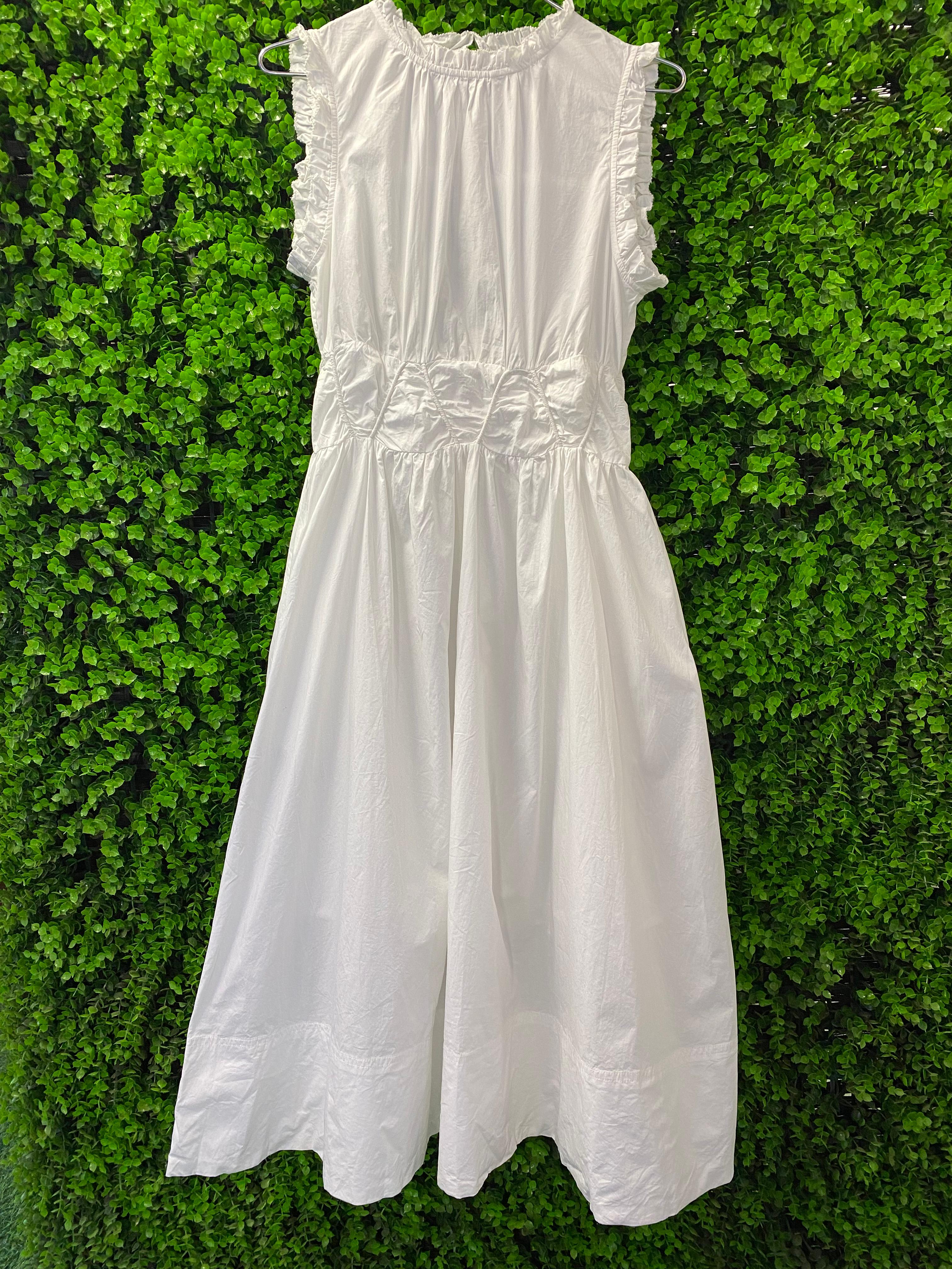 White Ruffle Zip-Front Midi Dress with Pockets