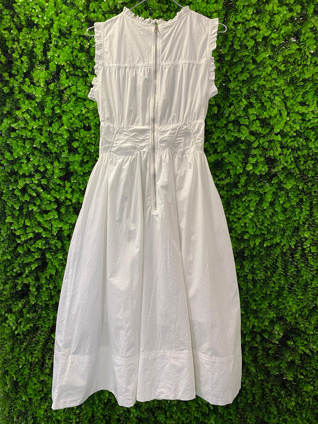 White Ruffle Zip-Front Midi Dress with Pockets
