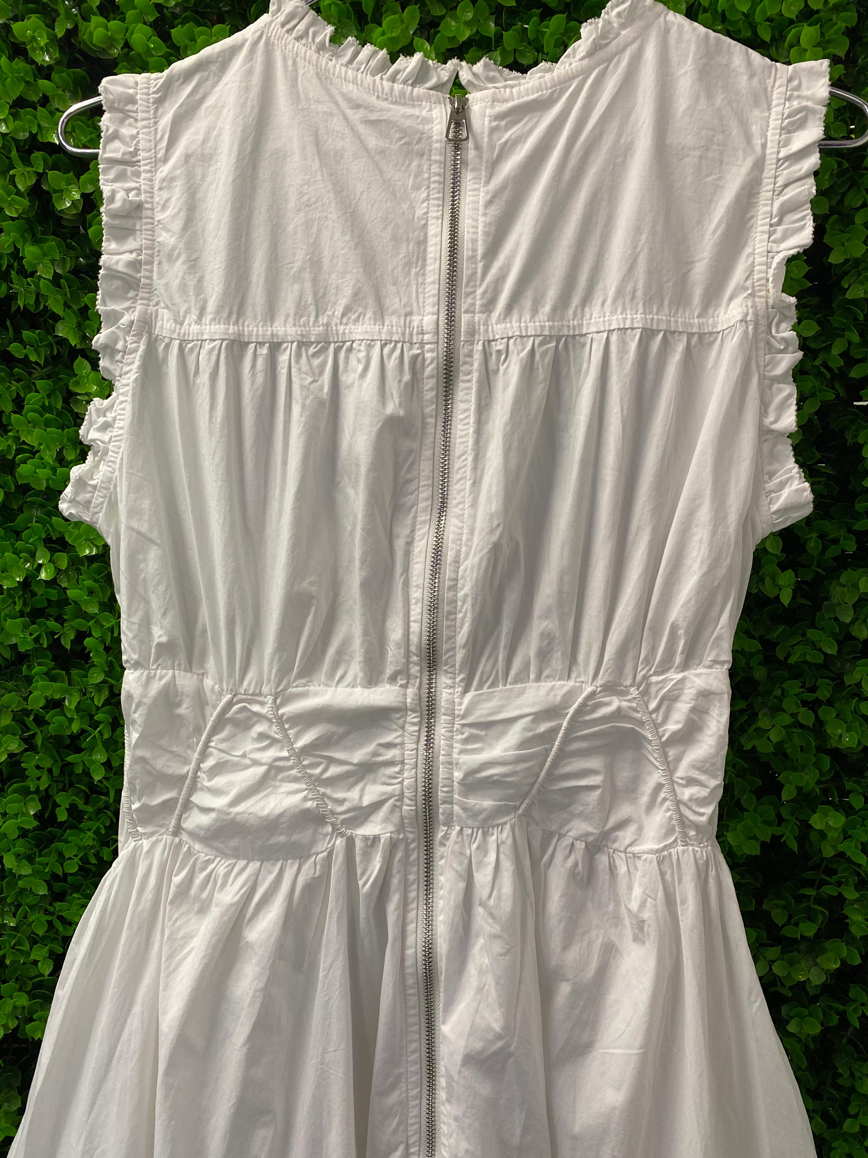 White Ruffle Zip-Front Midi Dress with Pockets