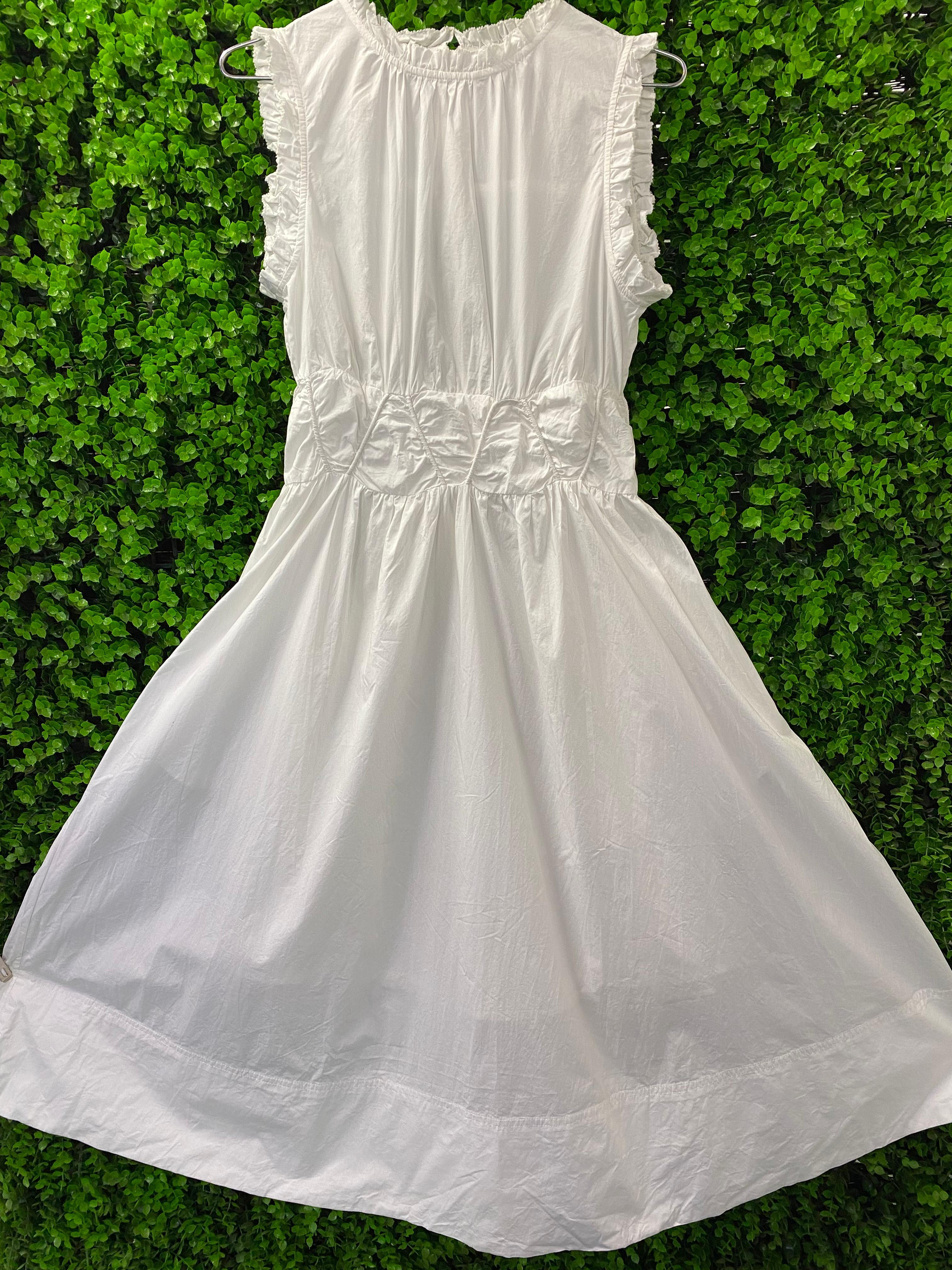 White Ruffle Zip-Front Midi Dress with Pockets