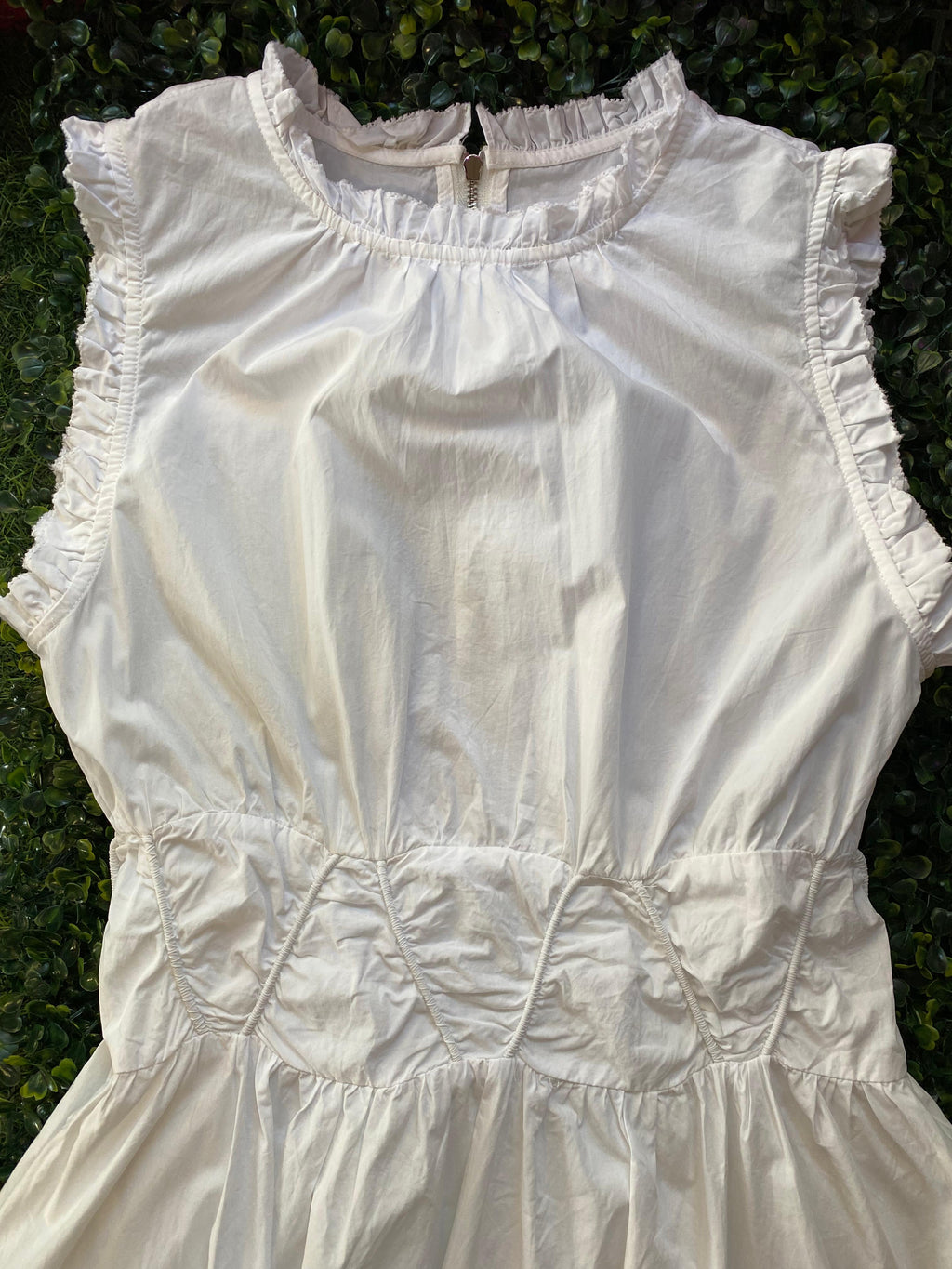 White Ruffle Zip-Front Midi Dress with Pockets