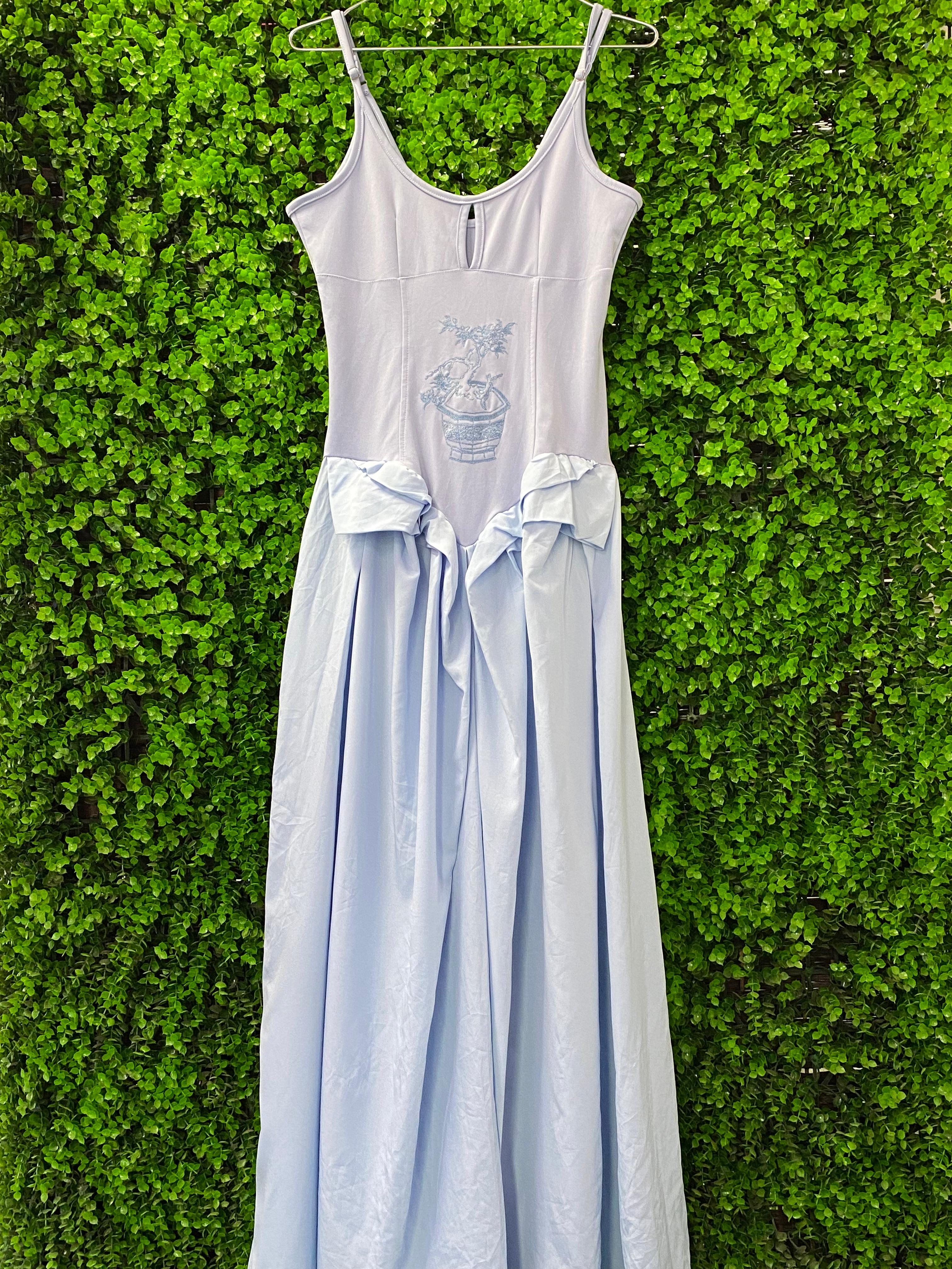 Pale Blue Embroidered Bow Detail Maxi Dress
