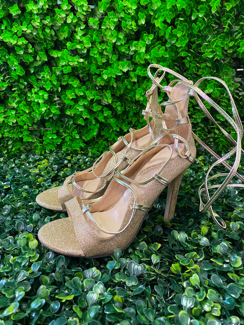 Gold Glitter Lace-Up Stiletto Heels