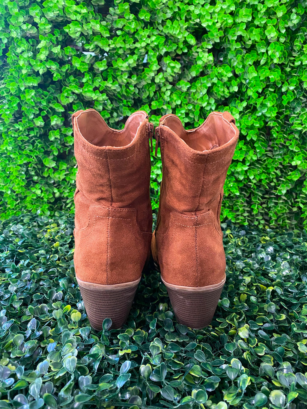 Tan Suede-Style Western Ankle Boots