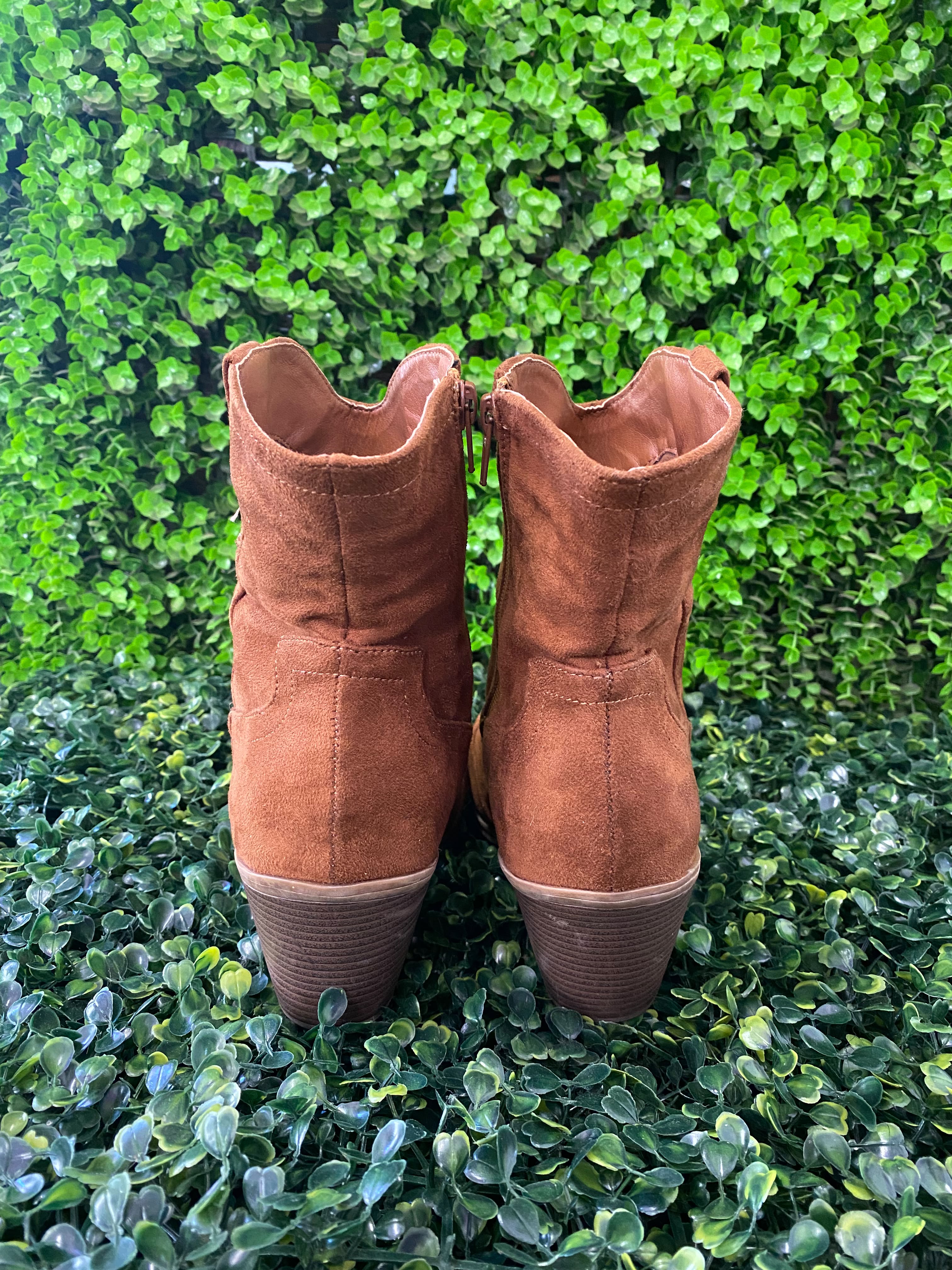 Tan Suede-Style Western Ankle Boots