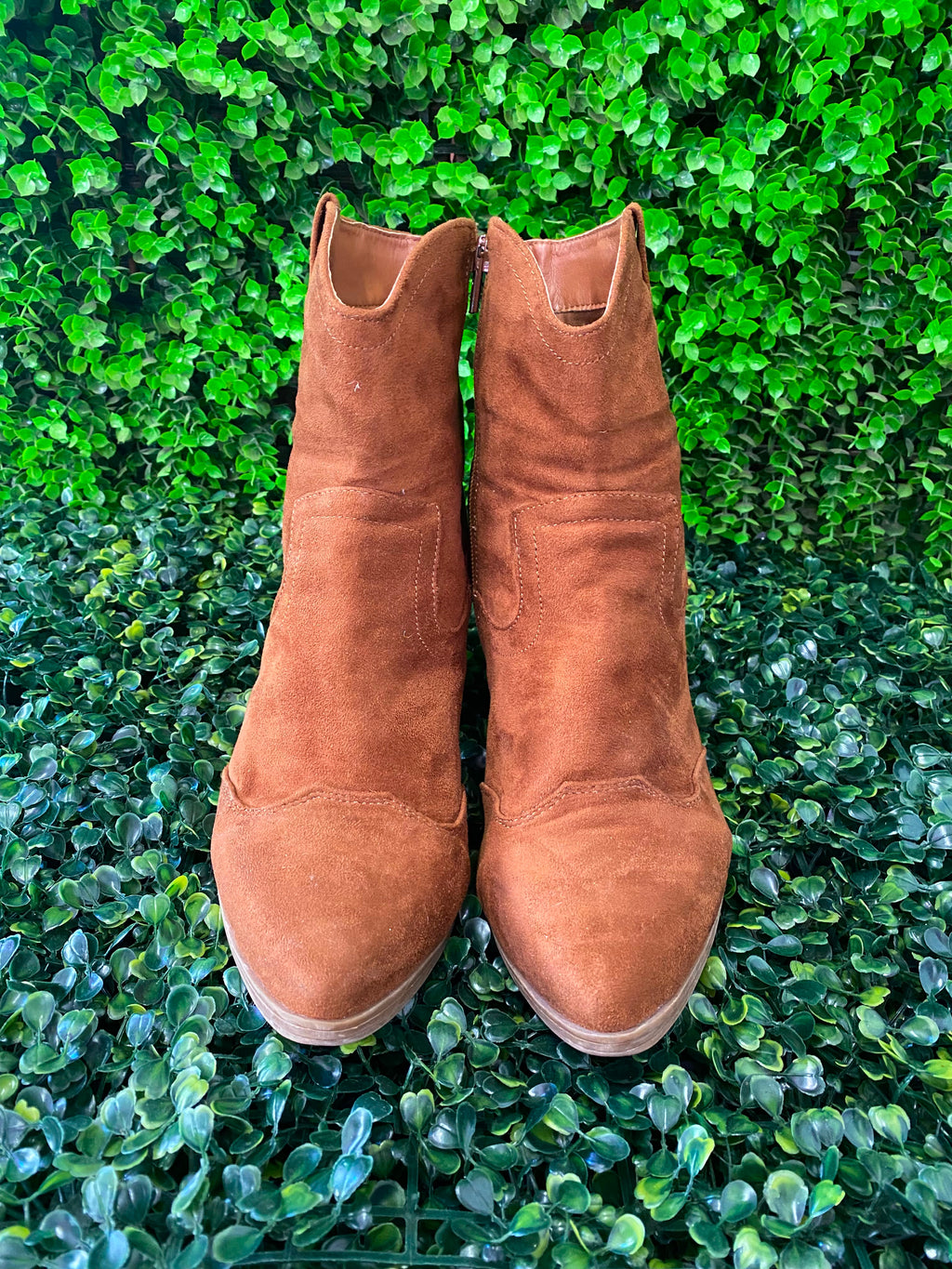 Tan Suede-Style Western Ankle Boots