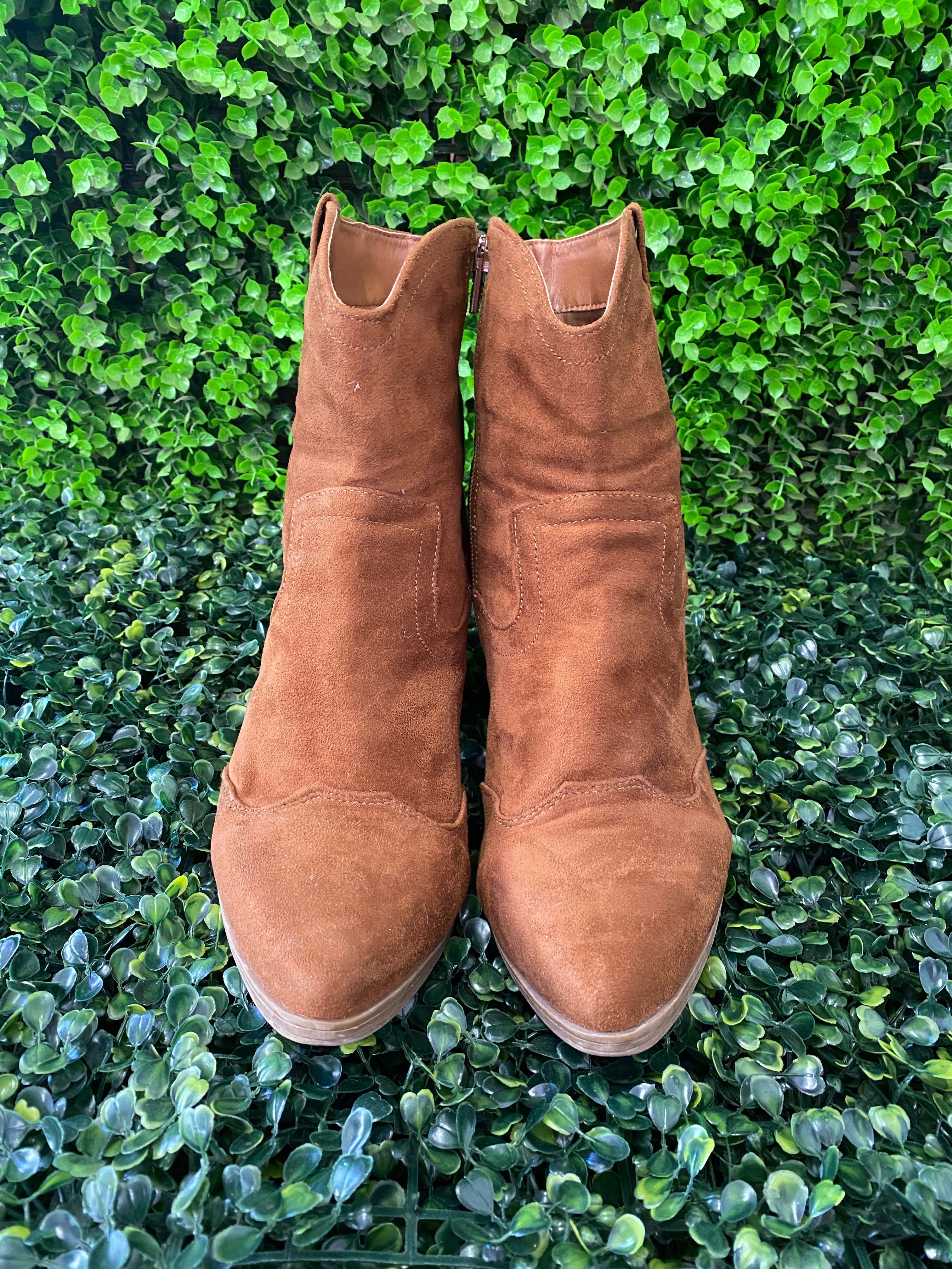 Tan Suede-Style Western Ankle Boots