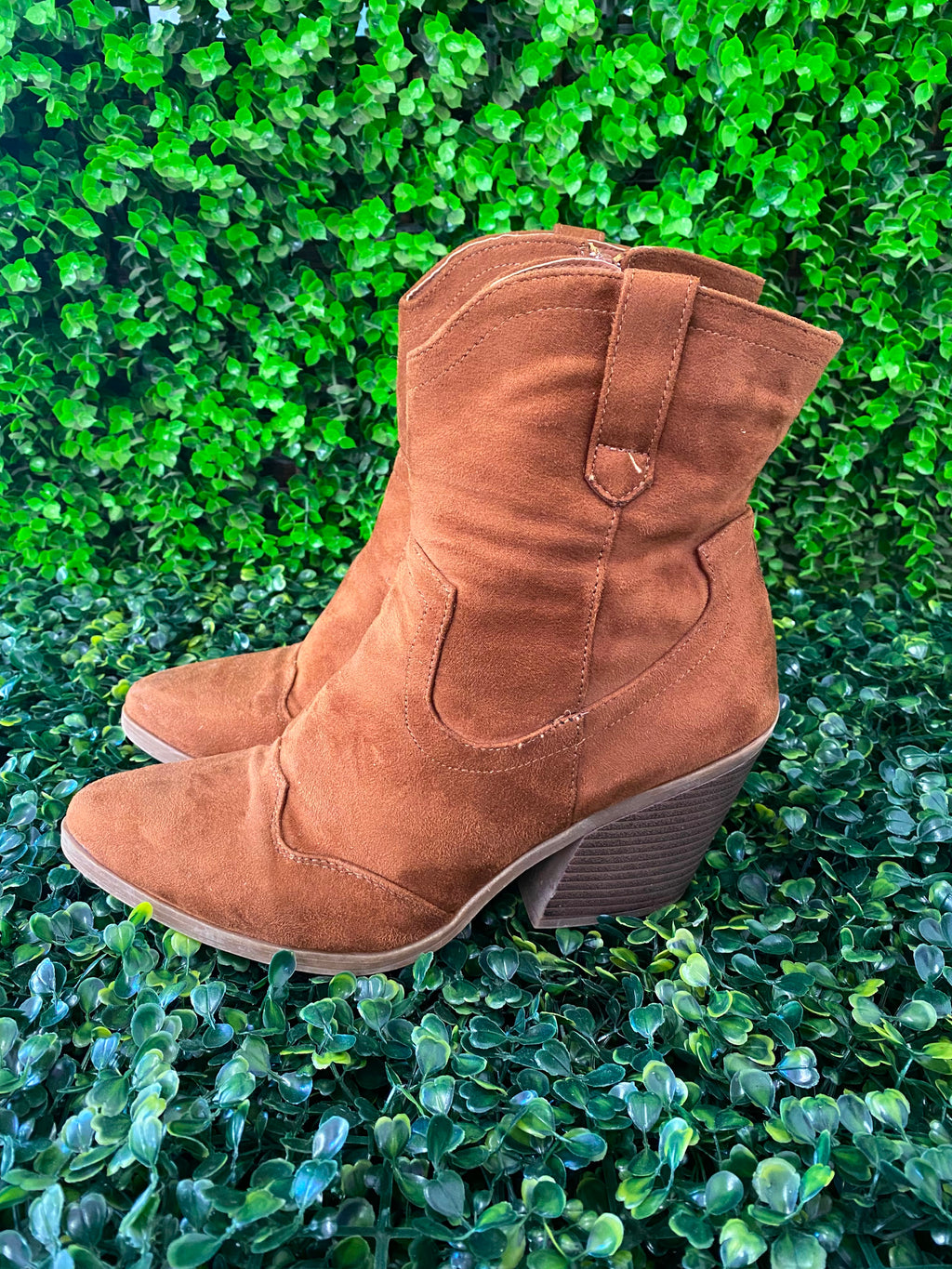 Tan Suede-Style Western Ankle Boots