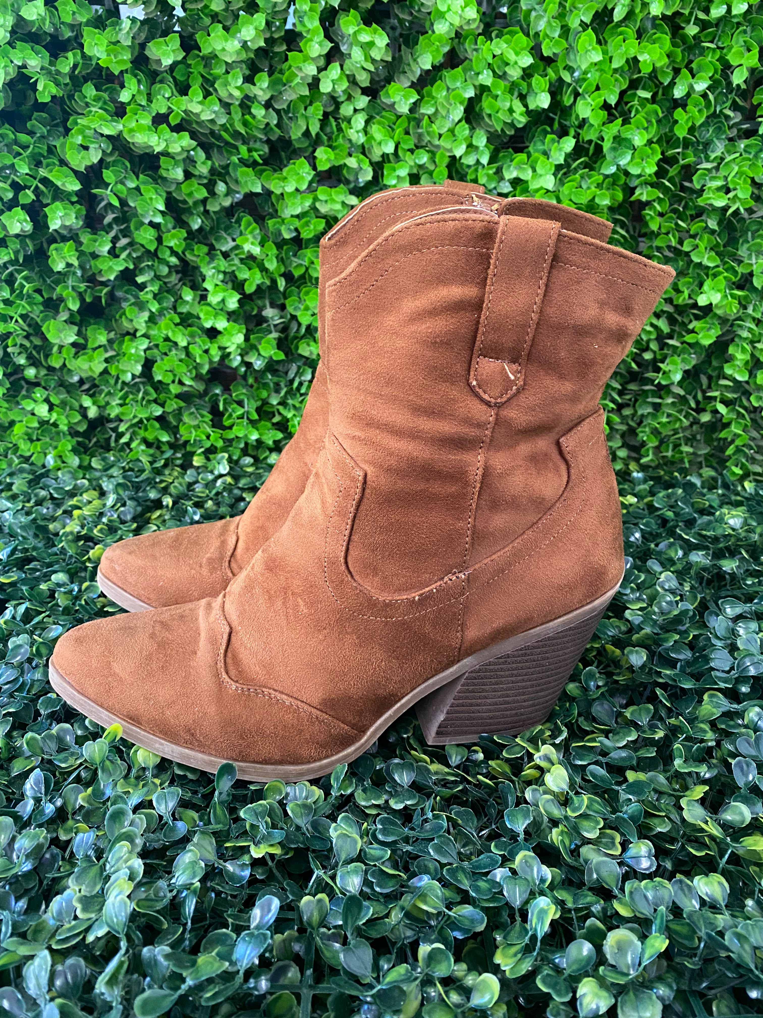 Tan Suede-Style Western Ankle Boots