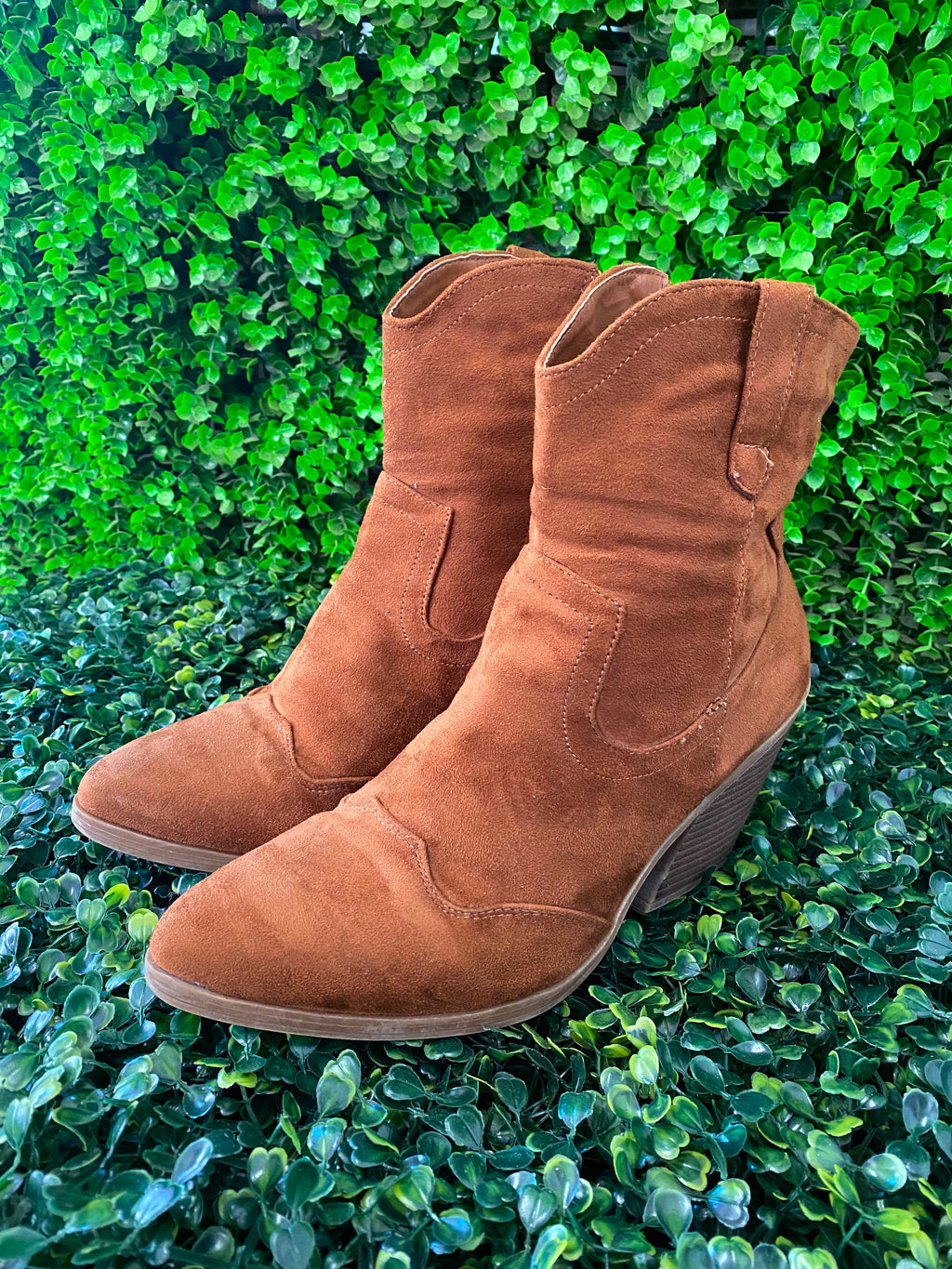 Tan Suede-Style Western Ankle Boots