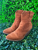Tan Suede-Style Western Ankle Boots