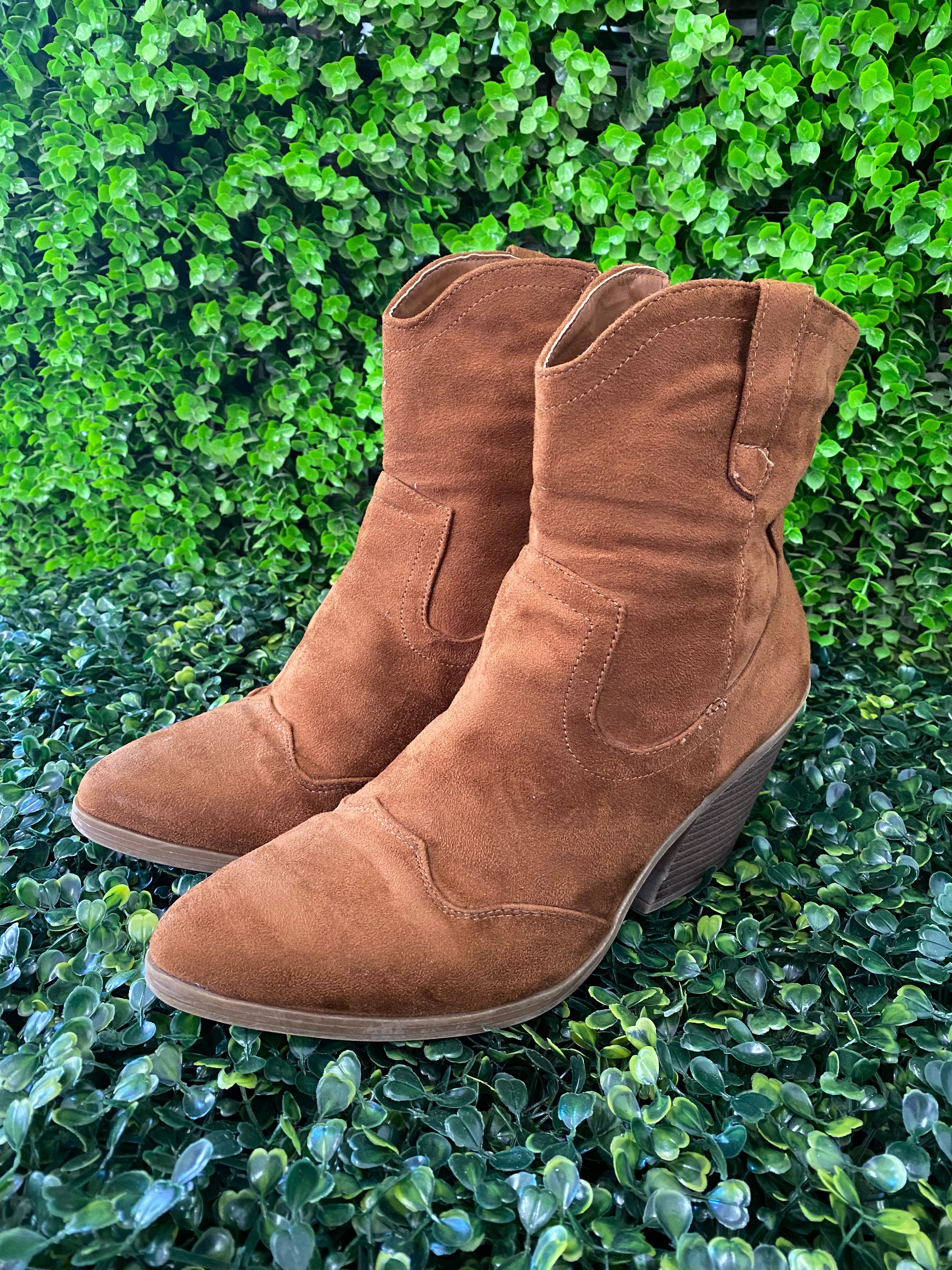 Tan Suede-Style Western Ankle Boots
