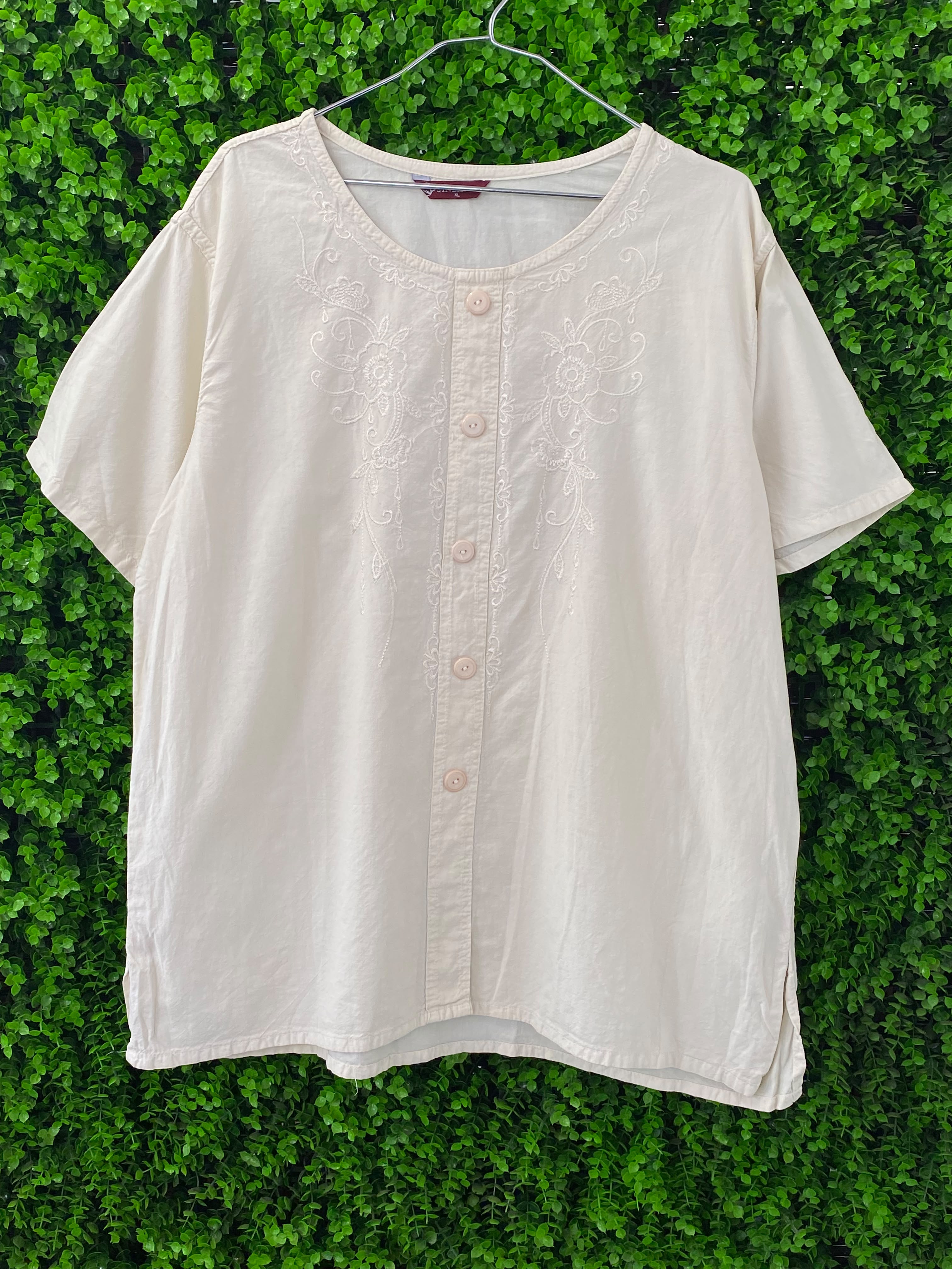 Cream Embroidered Button-Up Top