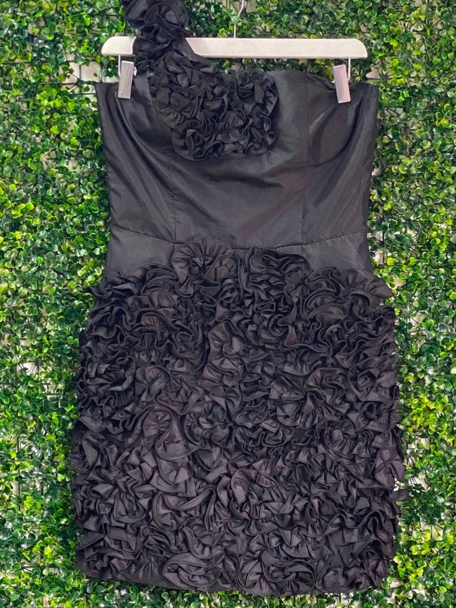 ZAMA Black One-Shoulder Ruffle Mini Dress — 01_front