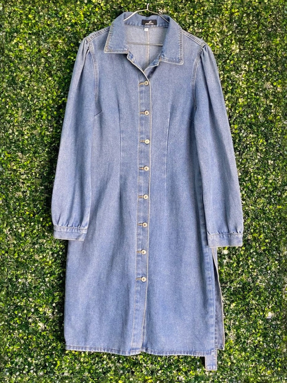 Jie Hang Finery Blue Denim Shirt Dress — front