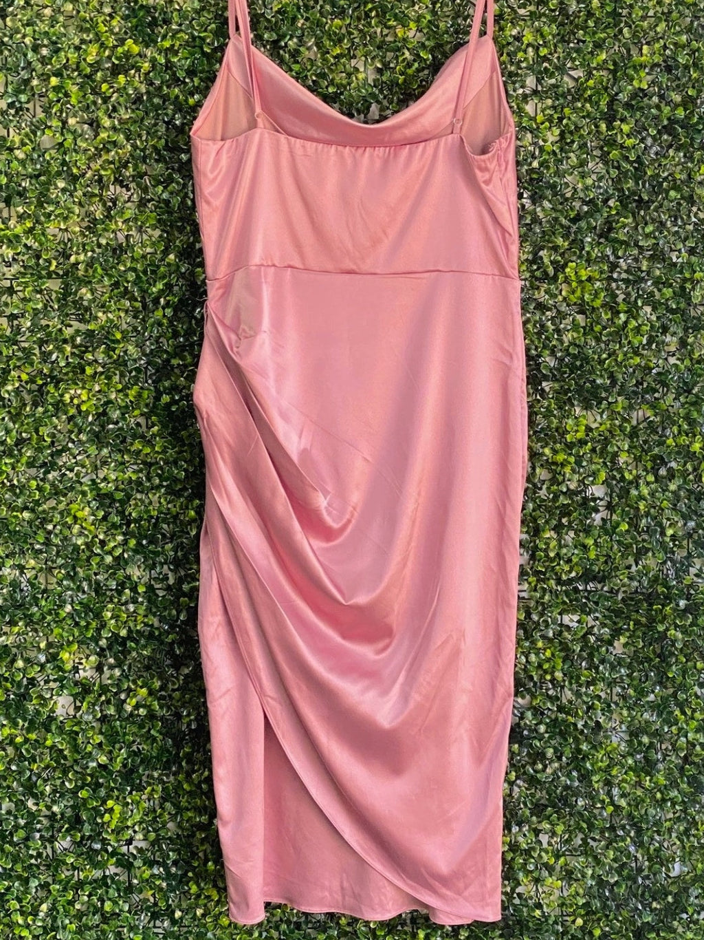 Dusty Rose Ruched Cowl Neck Midi Dress — back