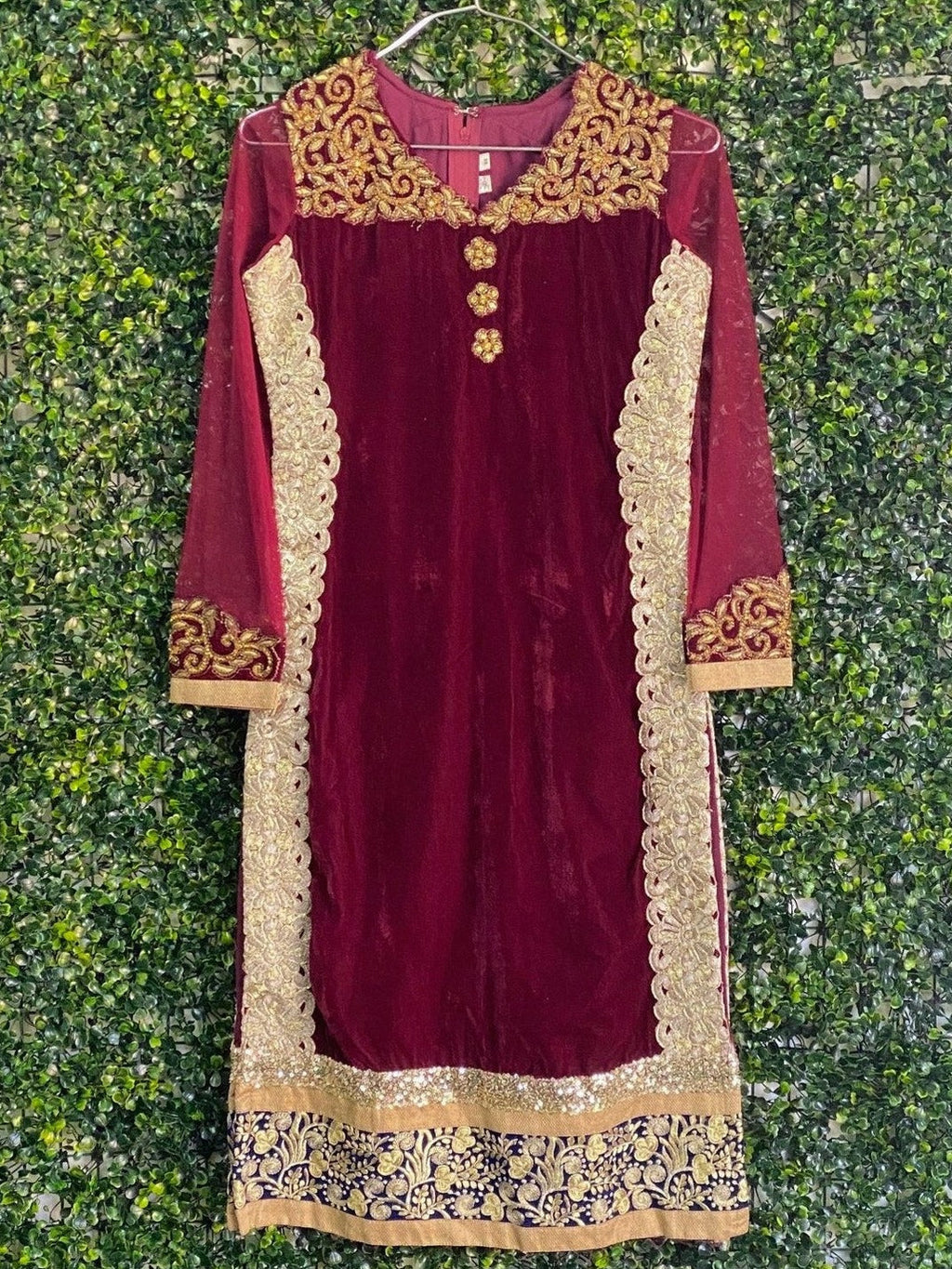 Burgundy Velvet Gold Embellished Tunic Dress — front