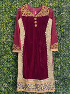 Burgundy Velvet Gold Embellished Tunic Dress — front