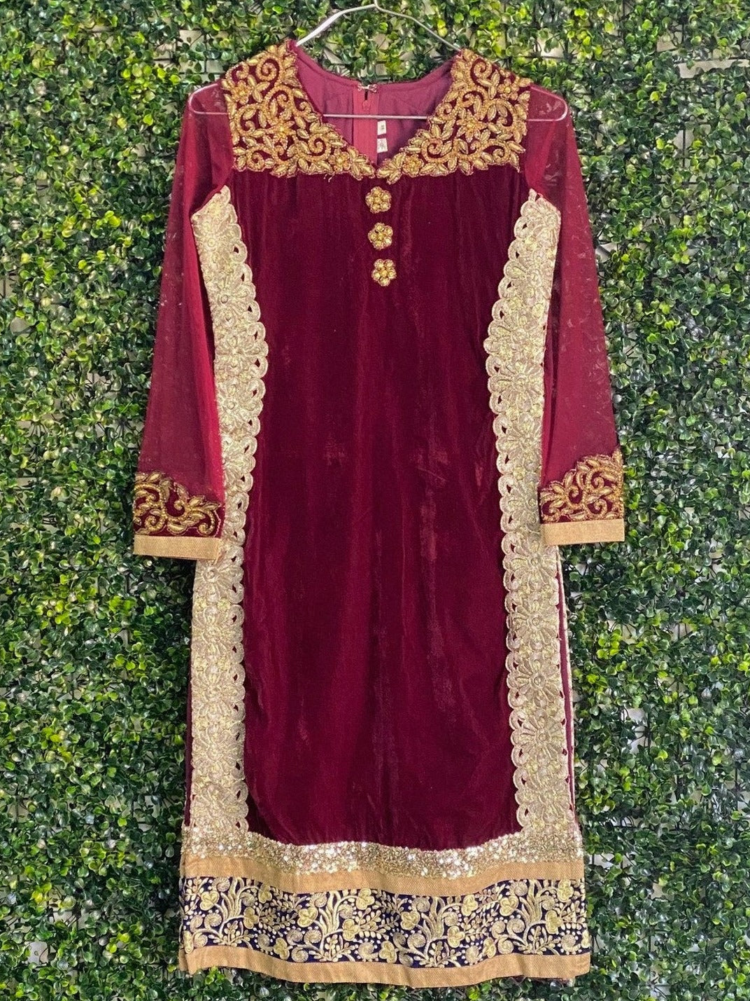 Burgundy Velvet Gold Embellished Tunic Dress — front